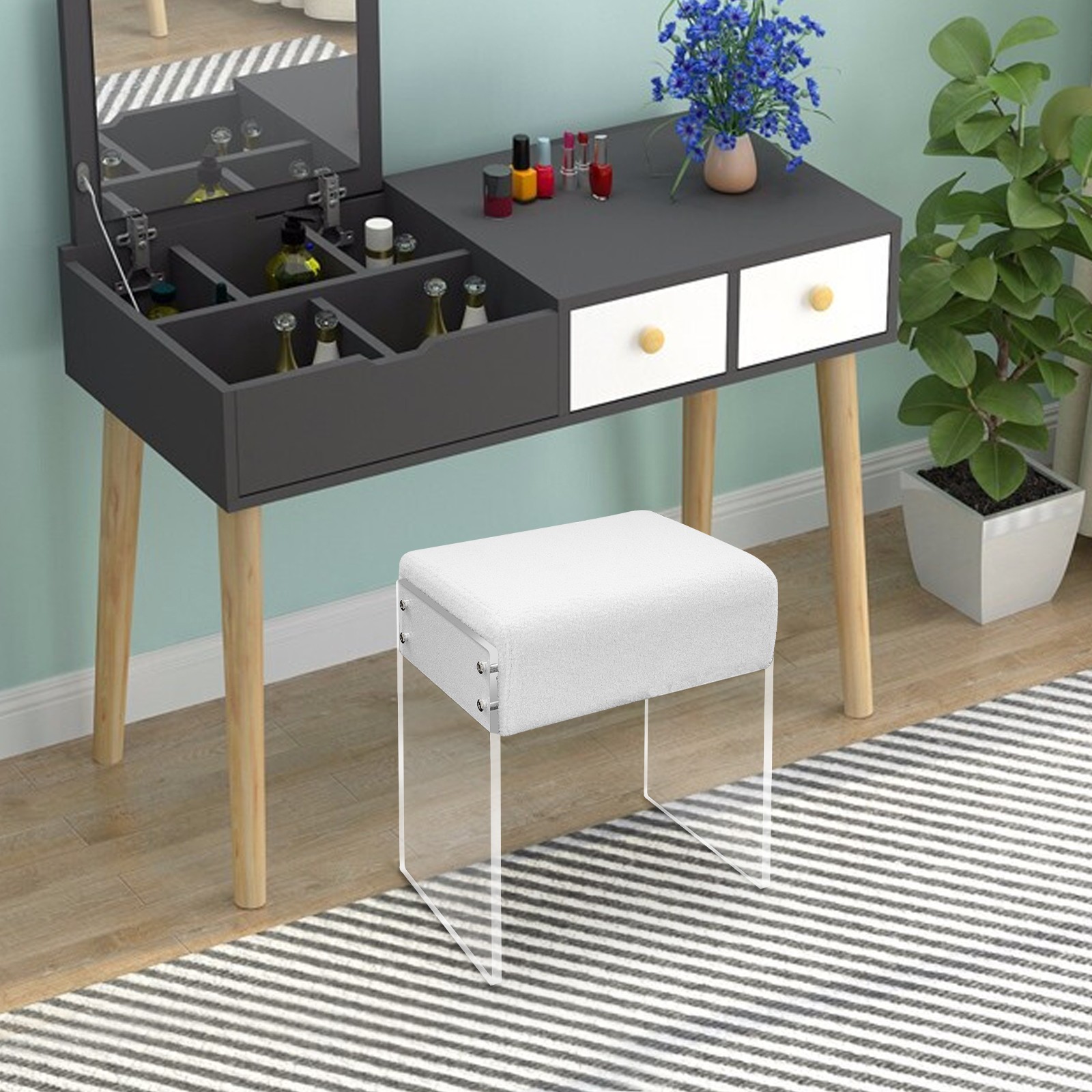 Makeup Stool Modern Minimalist Multi-functional Vanity Acrylic Chair w/ Cushion