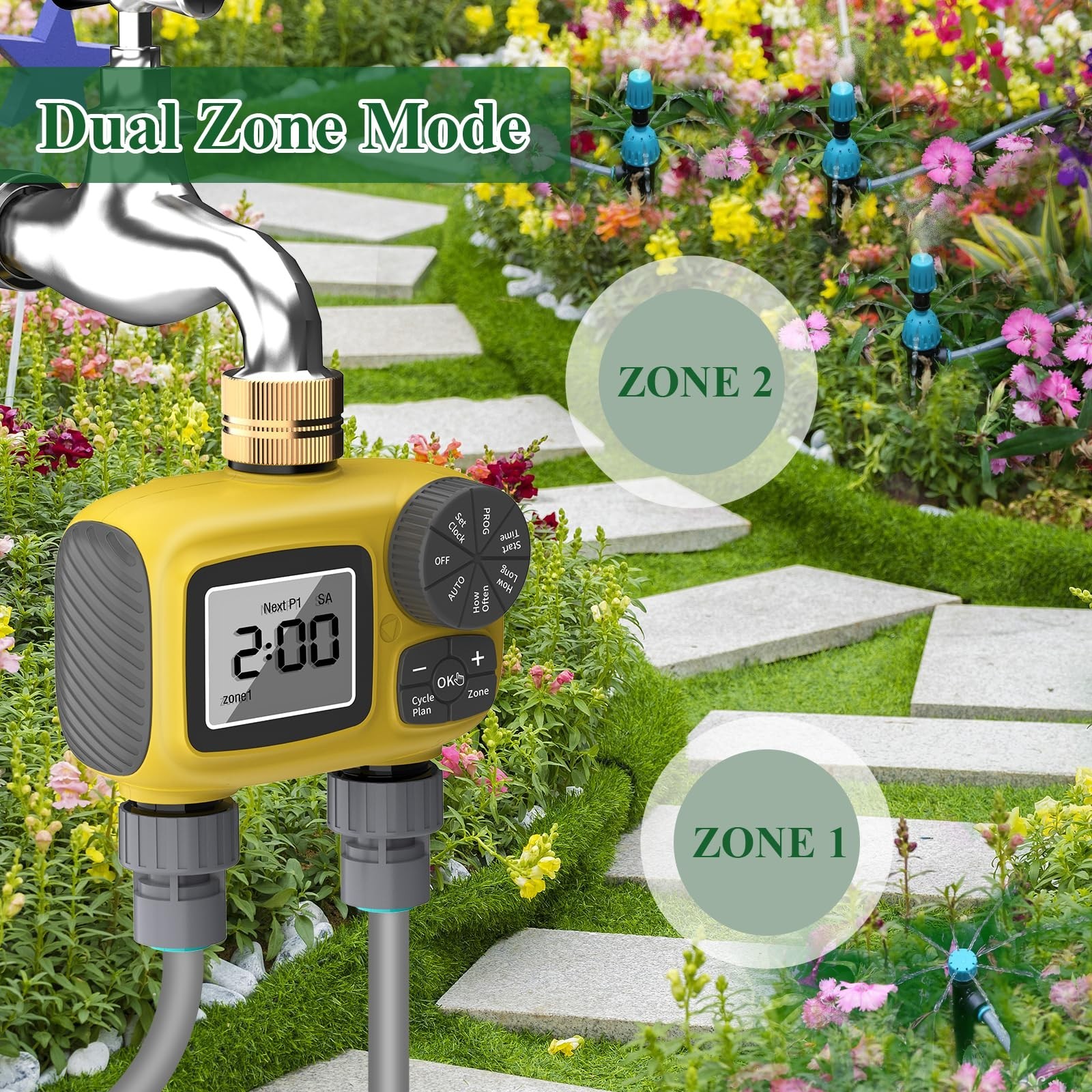 150FT Drip Irrigation Kit with 2-Zone Timer, Adjustable Nozzles & Fast-Plug Tubi