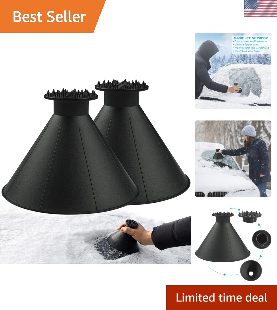 2 Pack Round Cone Ice Scrapers -  Quality for Effortless Winter Car Care