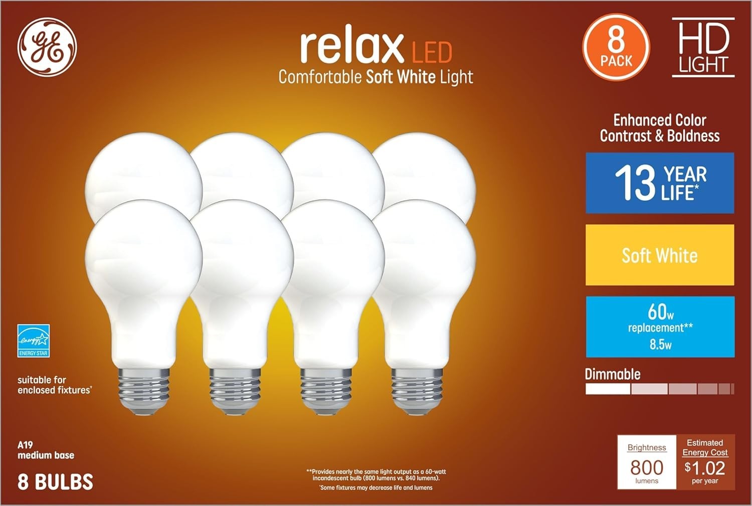 GE Relax LED, HD Light A19 Med Base, 60W eq, 8.5W, Dimmable, 8-Pack, Soft White