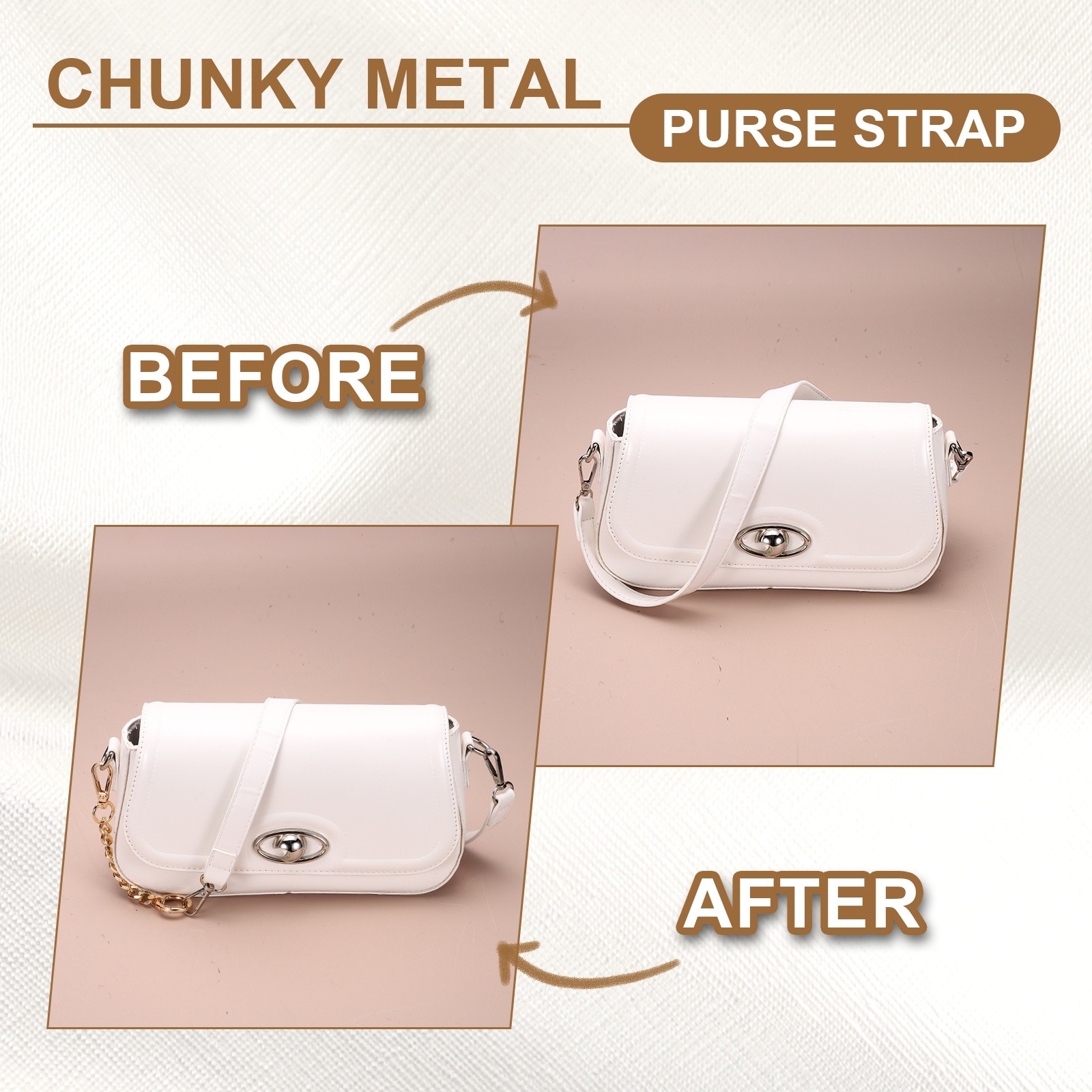 6" Chunky Metal Purse Strap with Spring Buckle Silver White 0.4" Width