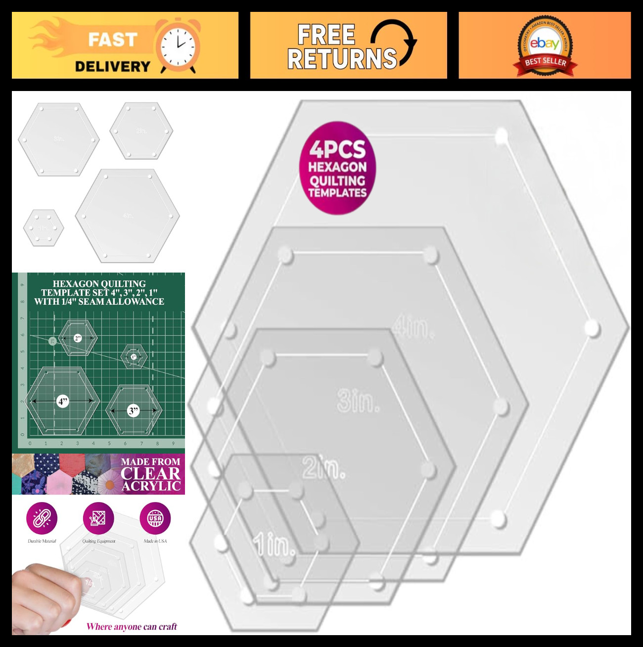 Hexagon Quilting Template Set - 4", 3", 2", 1" Sizes - Durable Acrylic for Accur