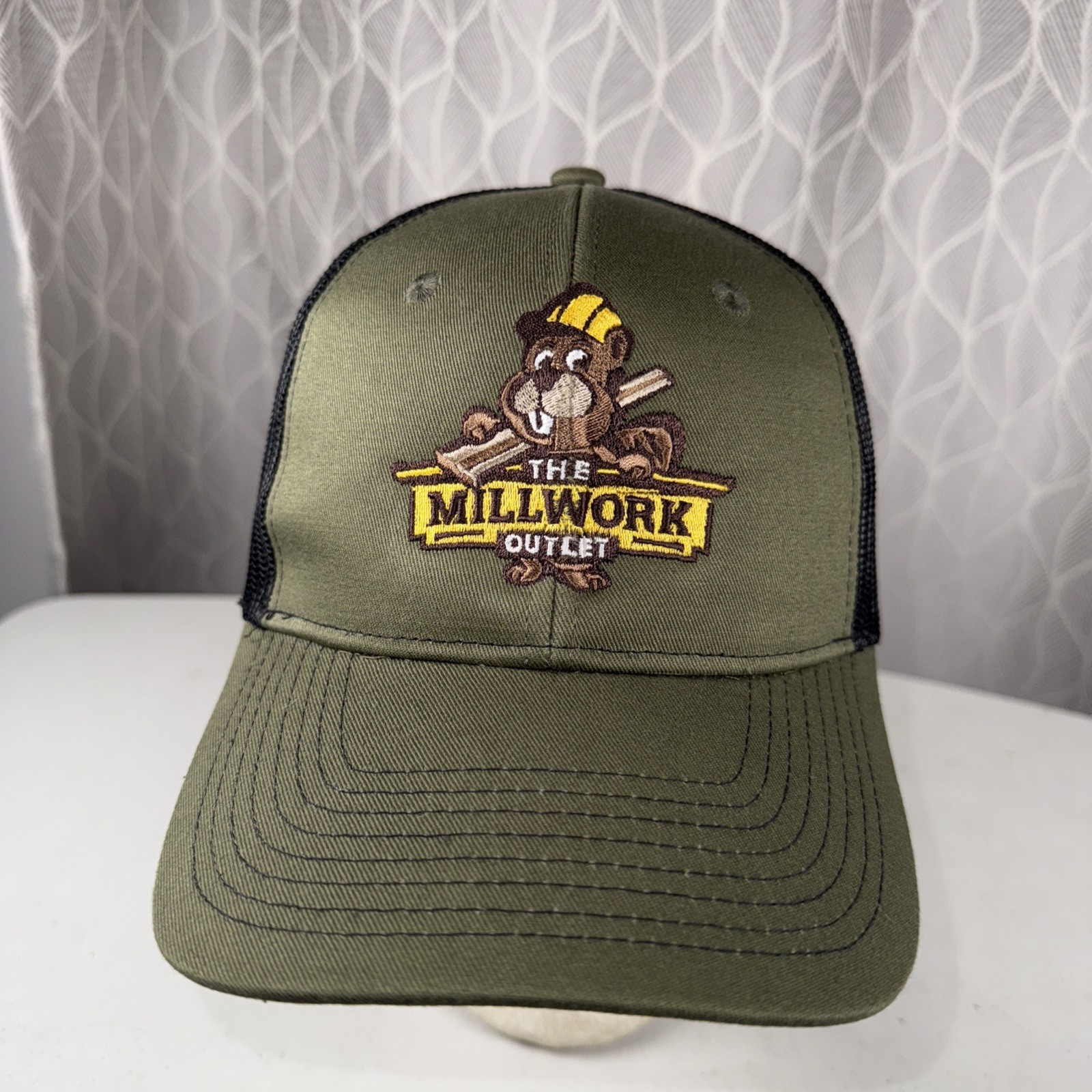 The Millworker Outlet w Beaver Logo Olive Fabric  Black Mesh Trucker Hat Cap