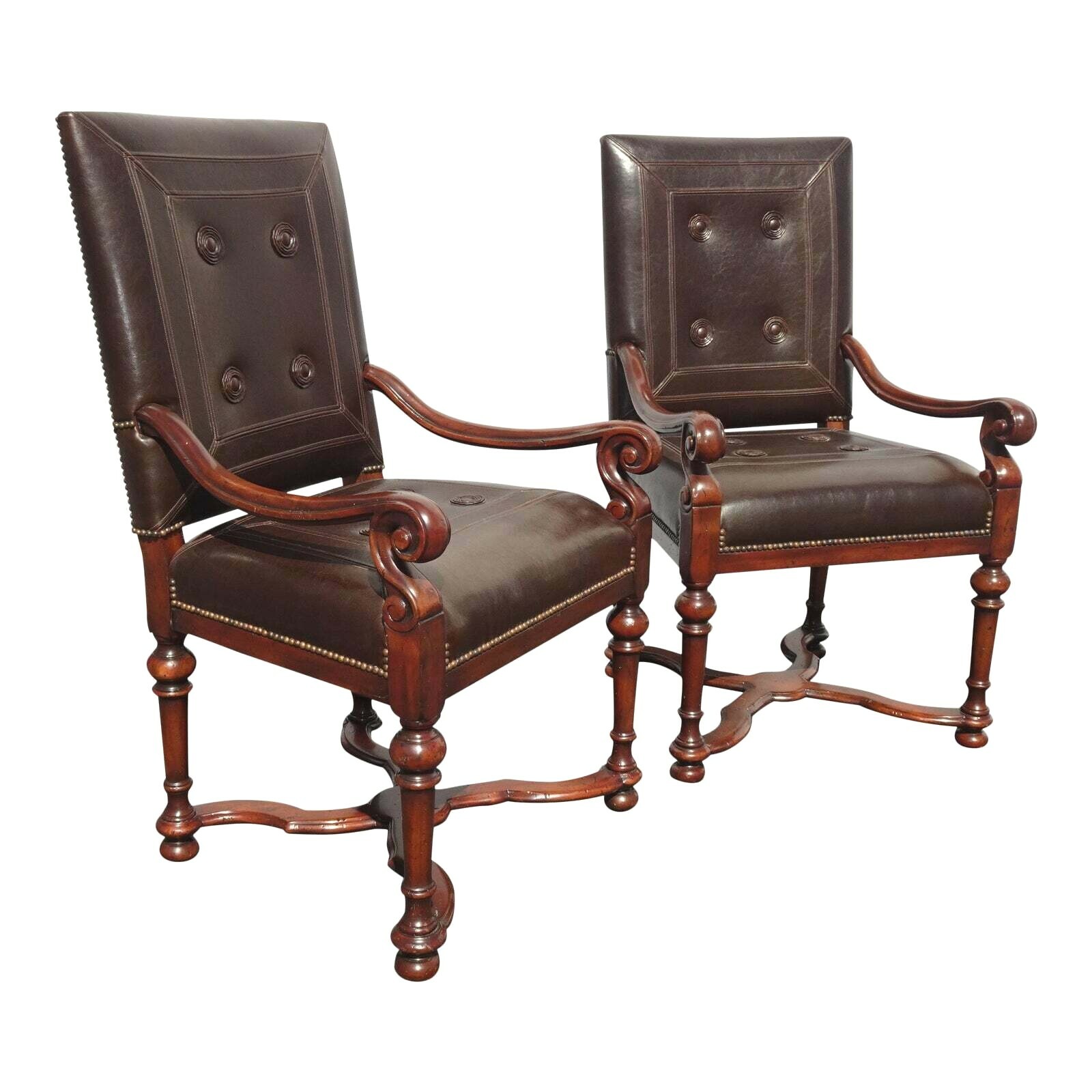 Pair Theodore Alexander Brown Leather Library Side Chairs  French Traditional