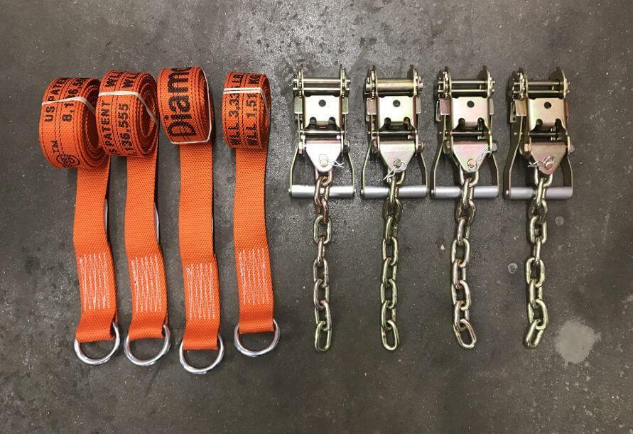 4-PACK: 2" CHAIN RATCHETS & 8' Lasso Wheel Lift Straps DIAMOND WEAVE Orange