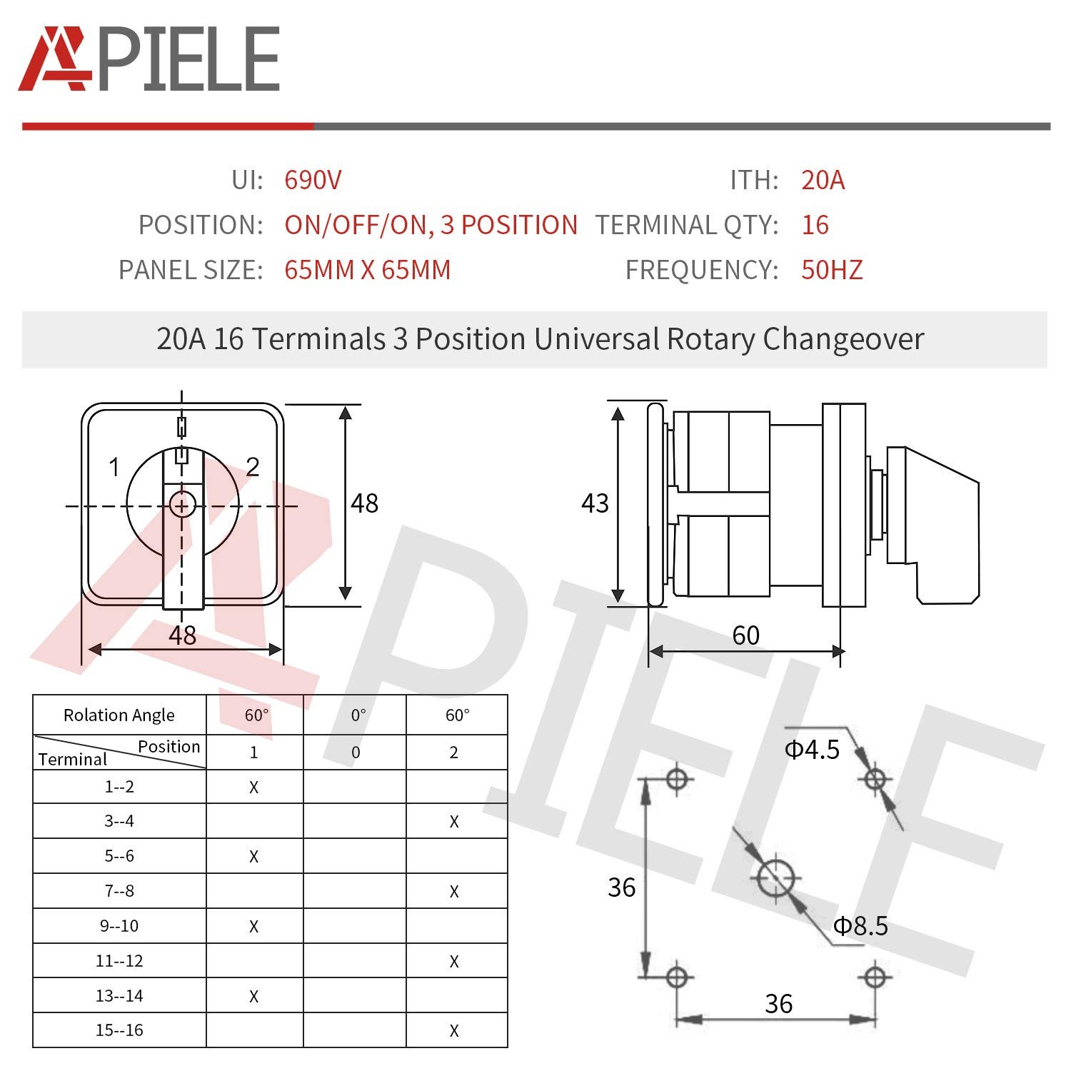 APIELE Changeover Selector Switch 3 Position 440V Universal Rotary Cam...