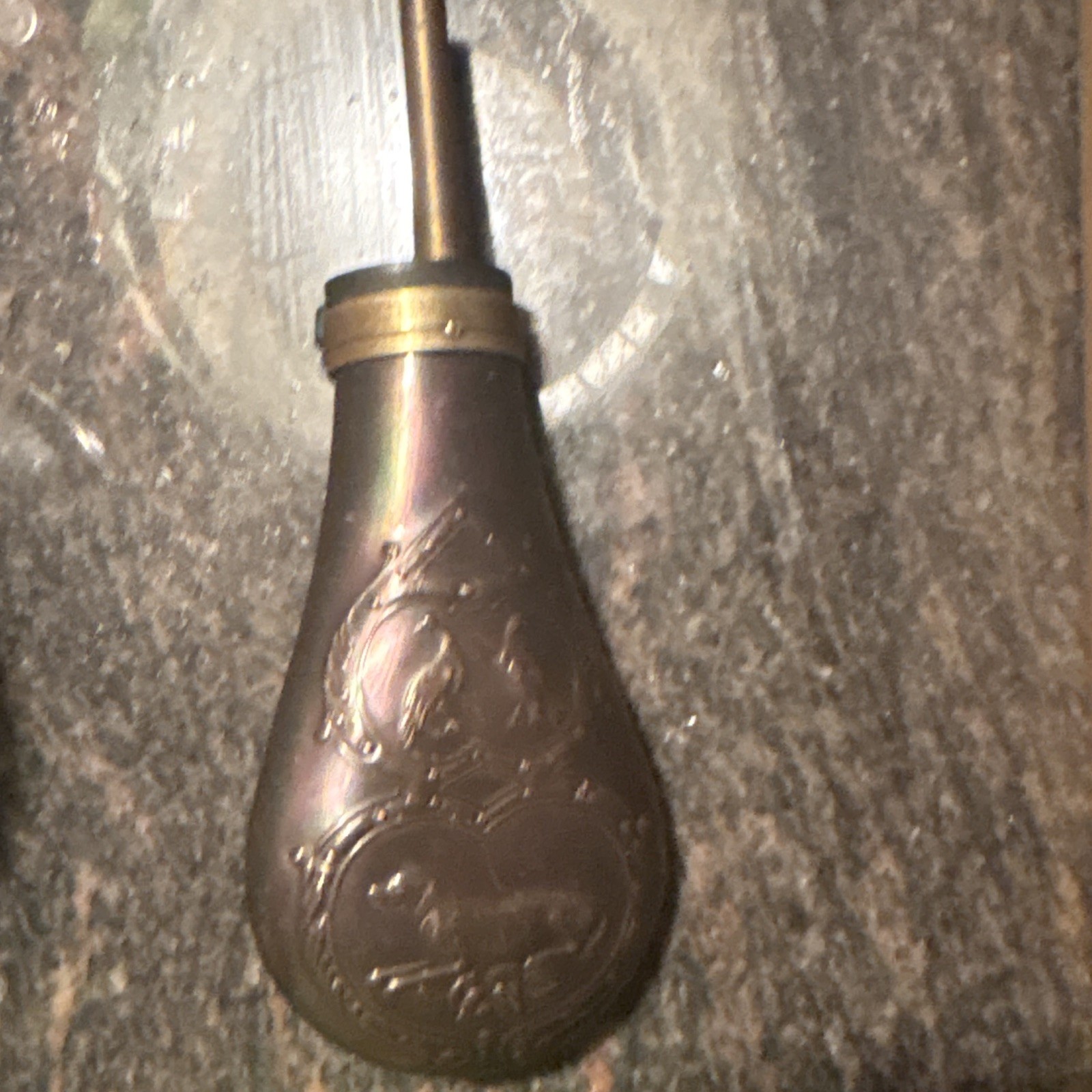 Black Powder Powder Flask for Pistol & Rifle, Brown Metal, Dog & Birds Design