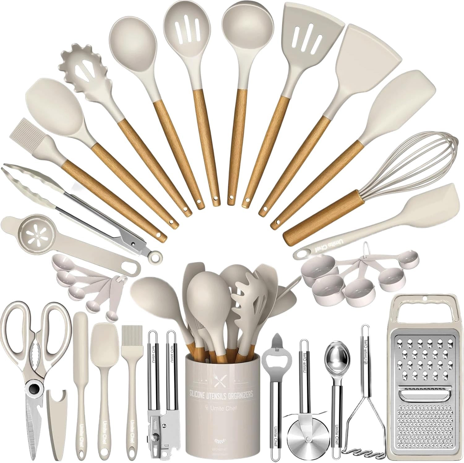 Thickened Silicone Cooking Utensils Set-  Khaki Kitchen Utensils Set, 34PCS Heat