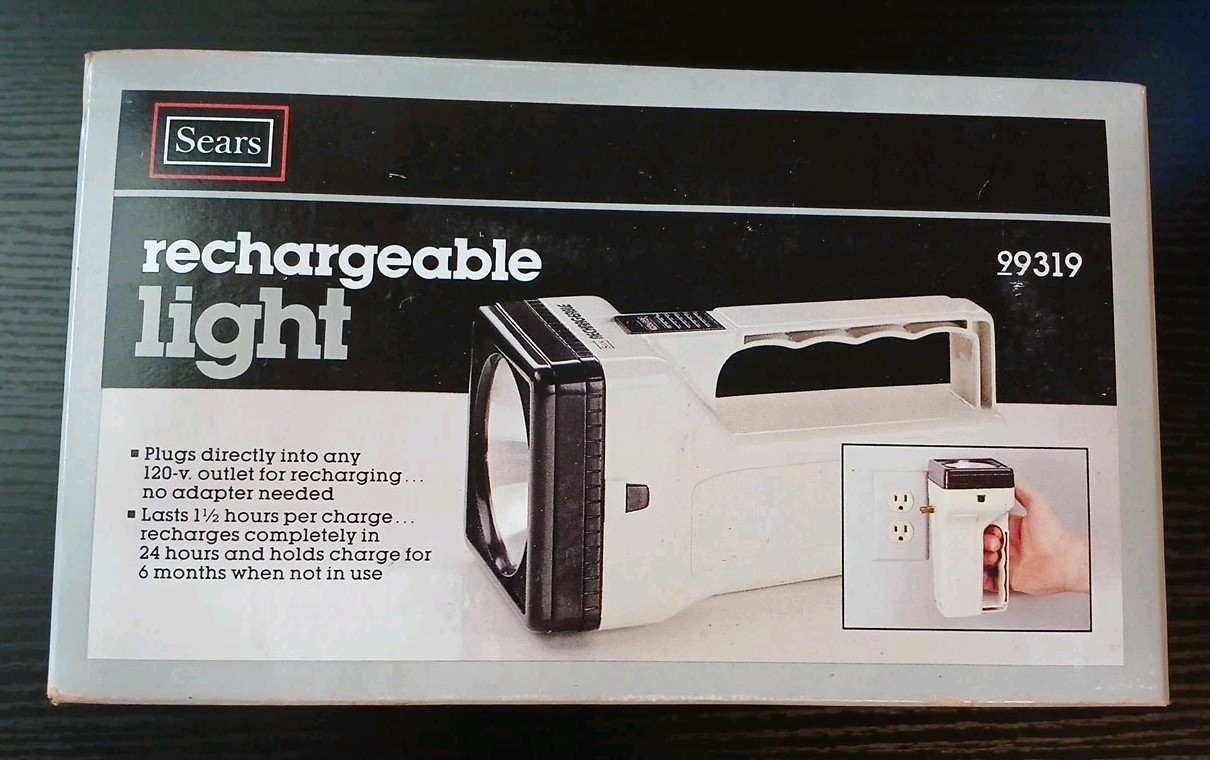 New In Box Vintage Sears rechargeable light flashlight 120v 9319 White