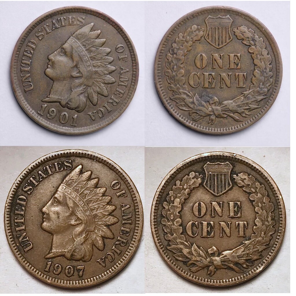 1901 AND 1907 Indian Head Cent Pennies FULL LIBERTY VF (2 COIN LOT) SUPER NICE
