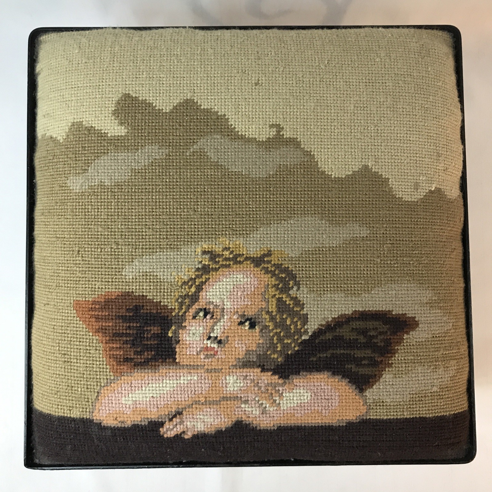 VINTAGE ANGEL CHERUB NEEDLEPOINT FOOTSTOOL STOOL IRON BASE 14” sq X 9”