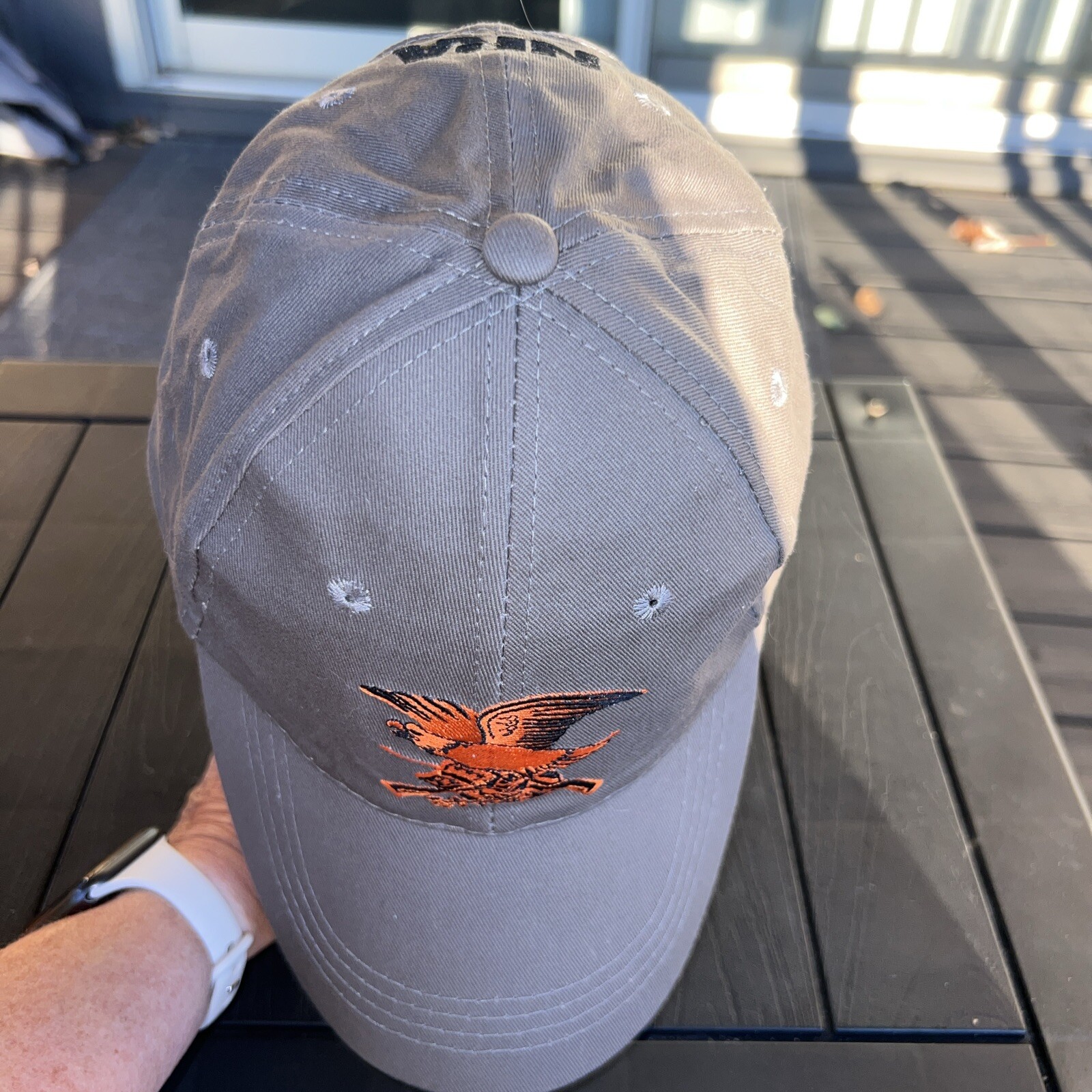 NRA Black on Back Front Orange Eagle on Taupe Hat Cap Cotton Hook Loop EUC