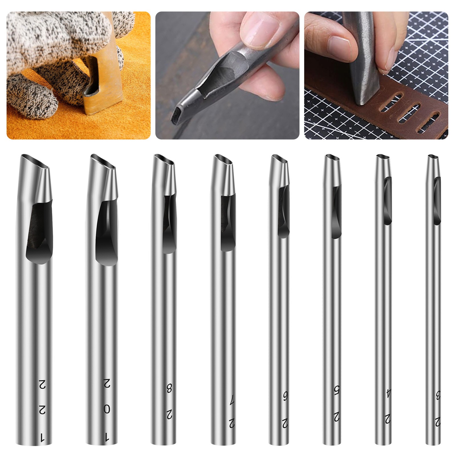 8 Pcs Heavy Duty Oval Shape Leather Punch Set 2x3 mm – 2x12mm for Belts, Wallets