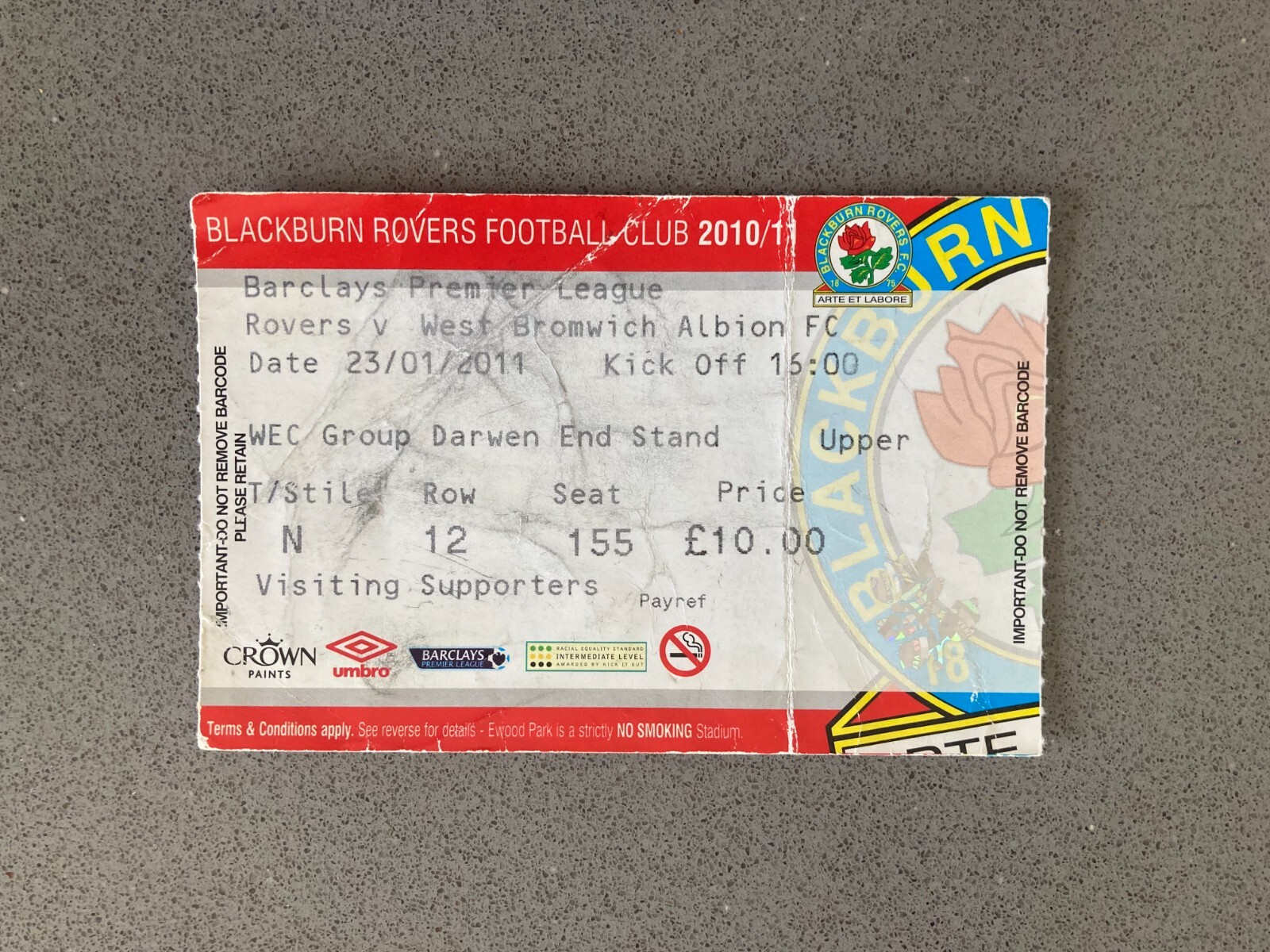 Blackburn Rovers v West Bromwich Albion 2010-11 Match Ticket