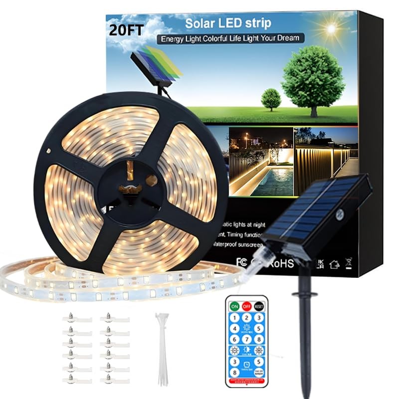 Solar Led Strip Lights Outdoor, 20ft Solar Rope Lights Self-Adhesive Waterpro...