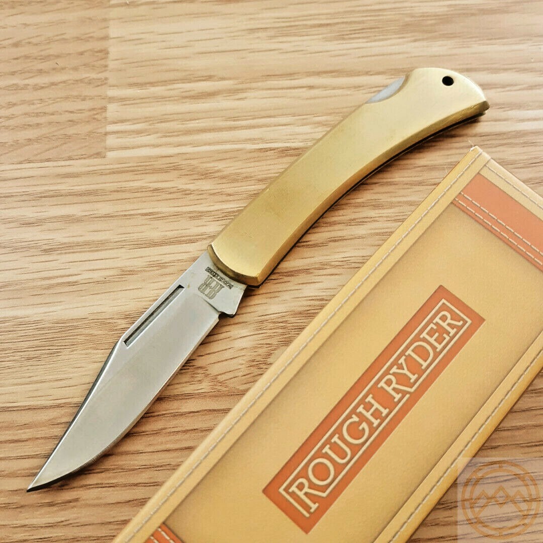Rough Ryder Lockback Folding Knife 2.5" 440 Steel Blade Brushed Brass handle