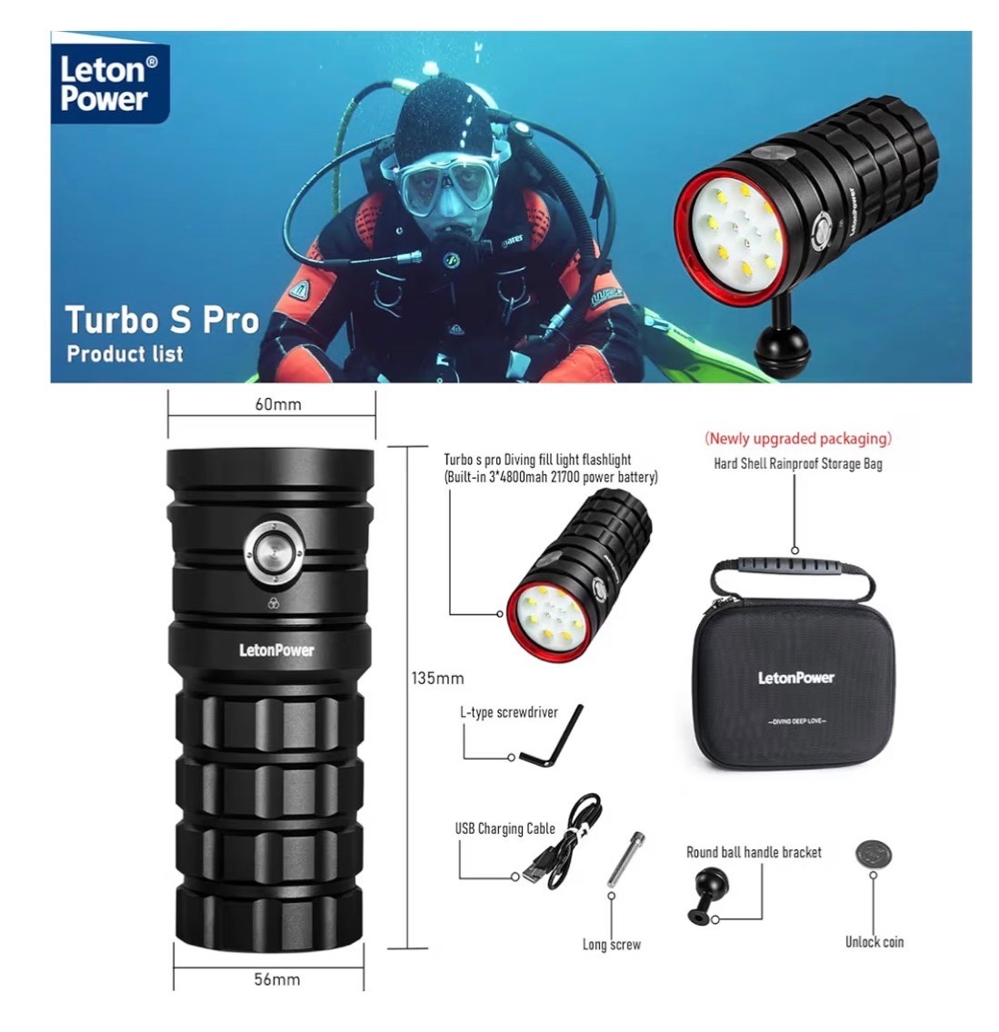 Turbo S Pro Dive Light, 13000Lumens 100m Underwater Video Light,Diving Flashl...