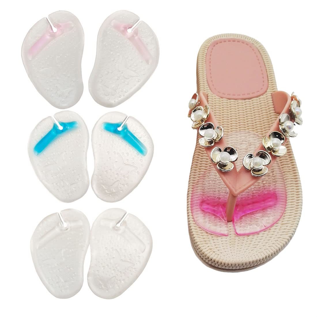 3 Pairs Clear Butterfly Pattern Silicone Thong Sandal Forefoot Insoles Pads F...
