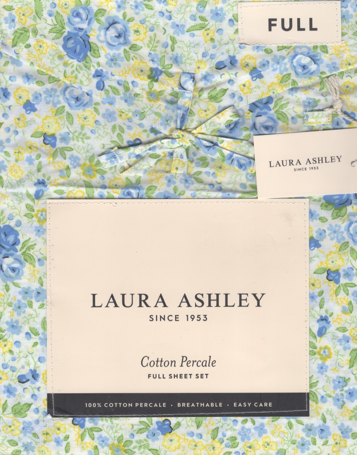 Laura Ashley Full Sheet Set Rowena Blue Floral 4pc Farmhouse Chic Cottage Yellow