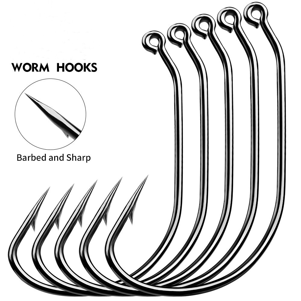 100Pcs EWG Offset Worm Hook Wide Gap Soft Plastic Bass Bait Hook Size 1/0-5/0#