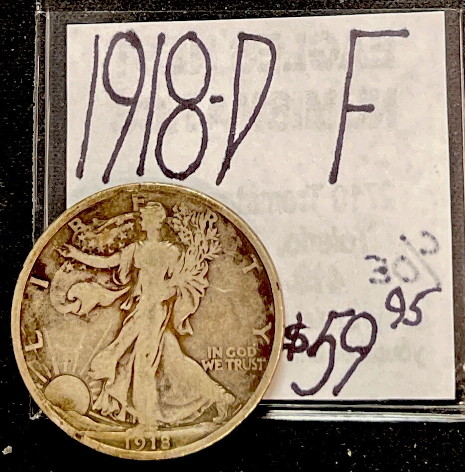 1918-D Silver Walking Liberty Half Dollar (F) Fine Condition. ENN