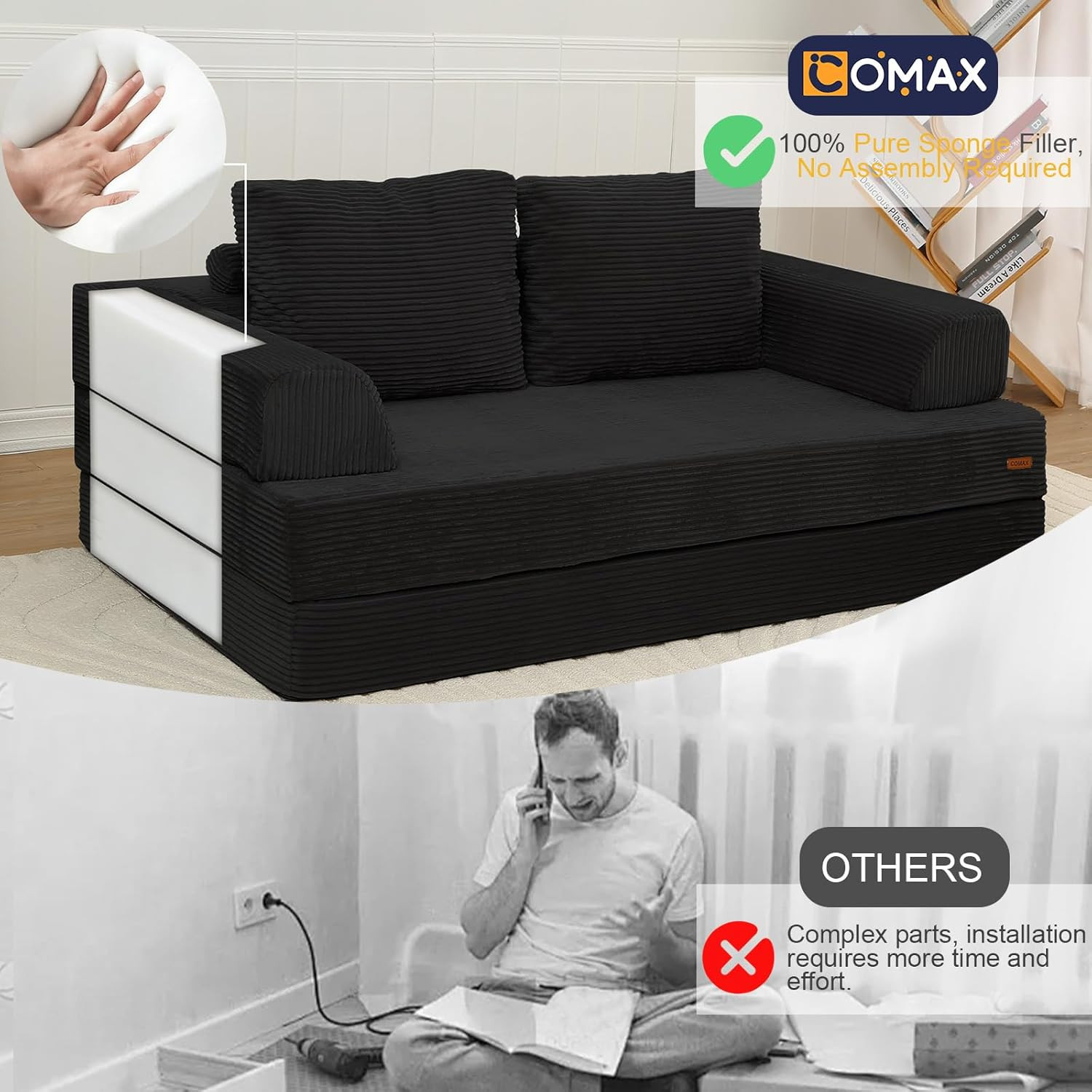 COMAX Futon Sofa Bed, Convertible Folding Sofa Bed, Boneless Couch Loveseat Cord