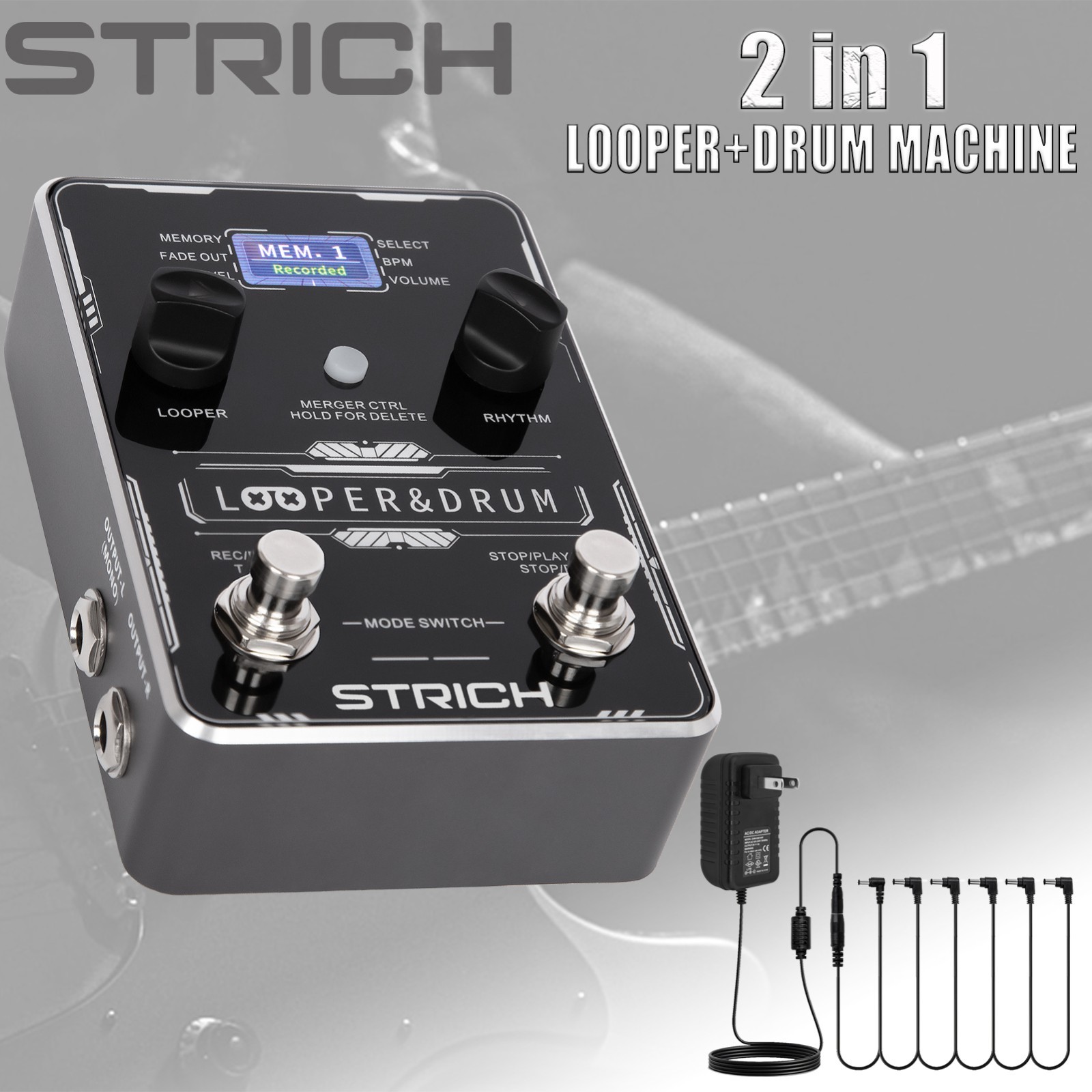 STRICH Pedal Effect Stereo Looper W/ 6Way Power Supply ,Versatile Drum Machine