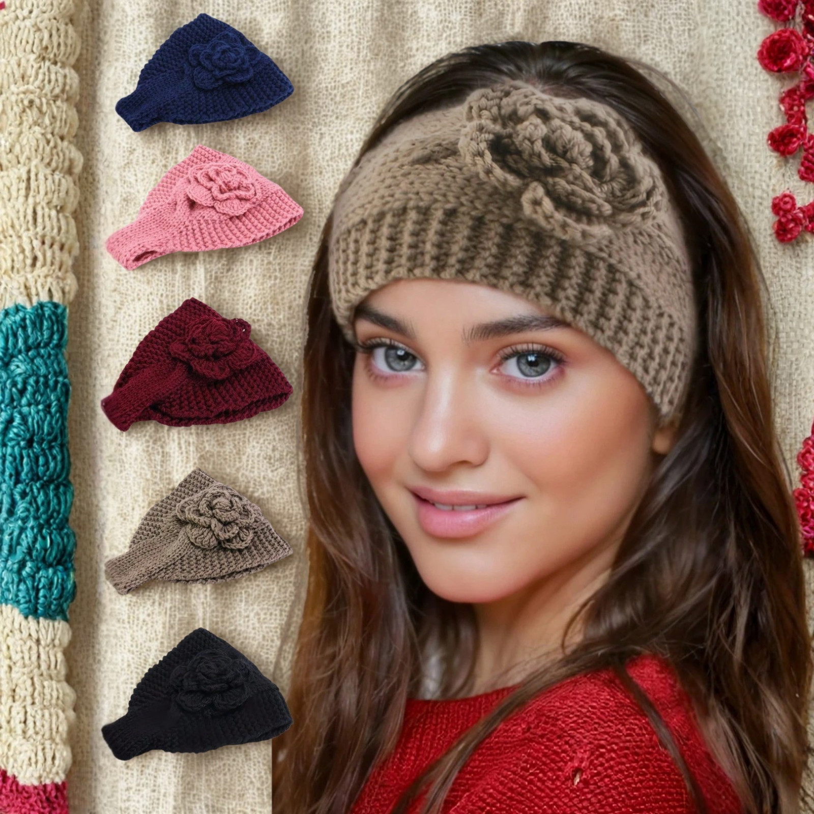 Women's Winter Headband Floral Knitted Turban Handmade Headwear Fall Winter Caps