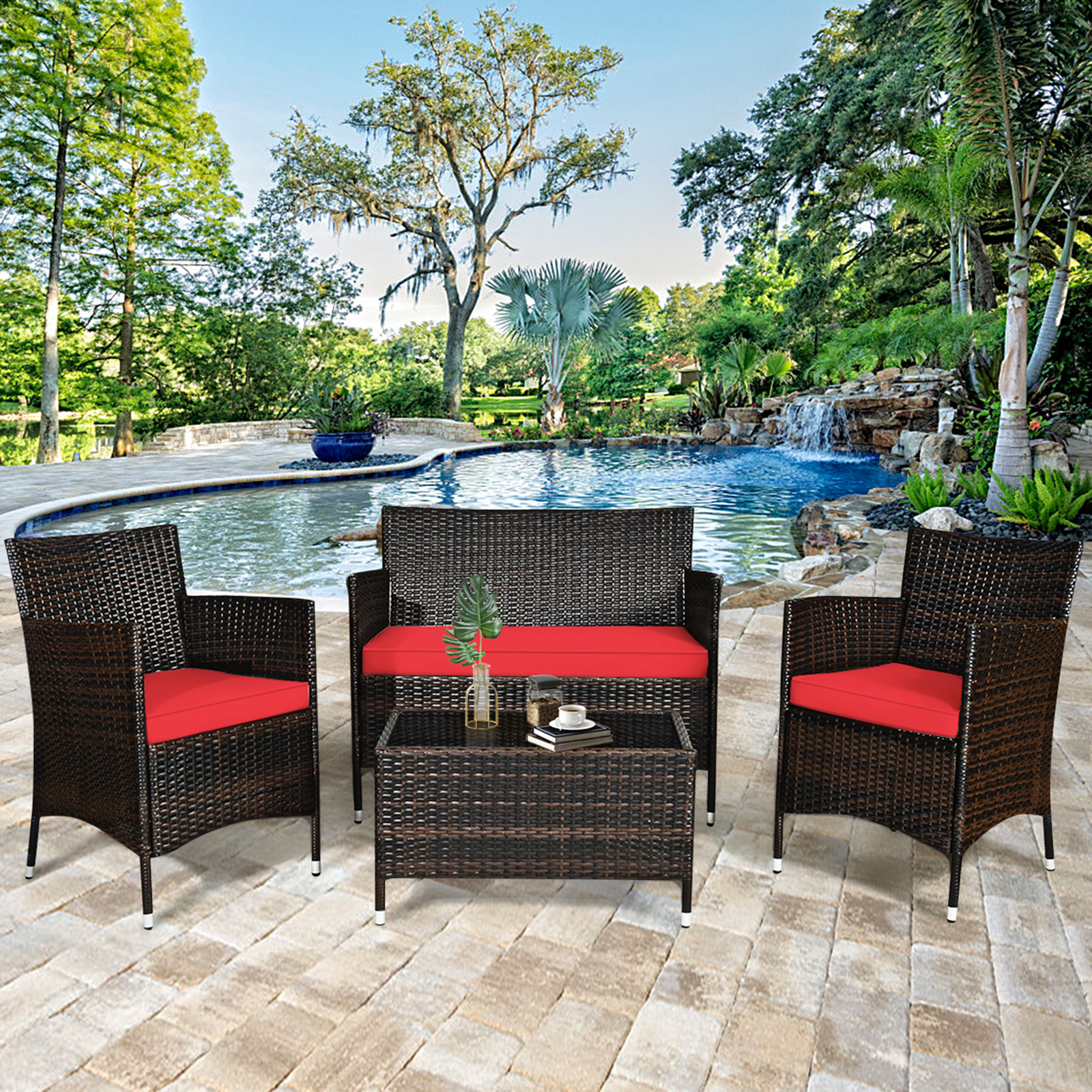 4PCS Patio Rattan Conversation Furniture Set Outdoor w/ Red Cushion