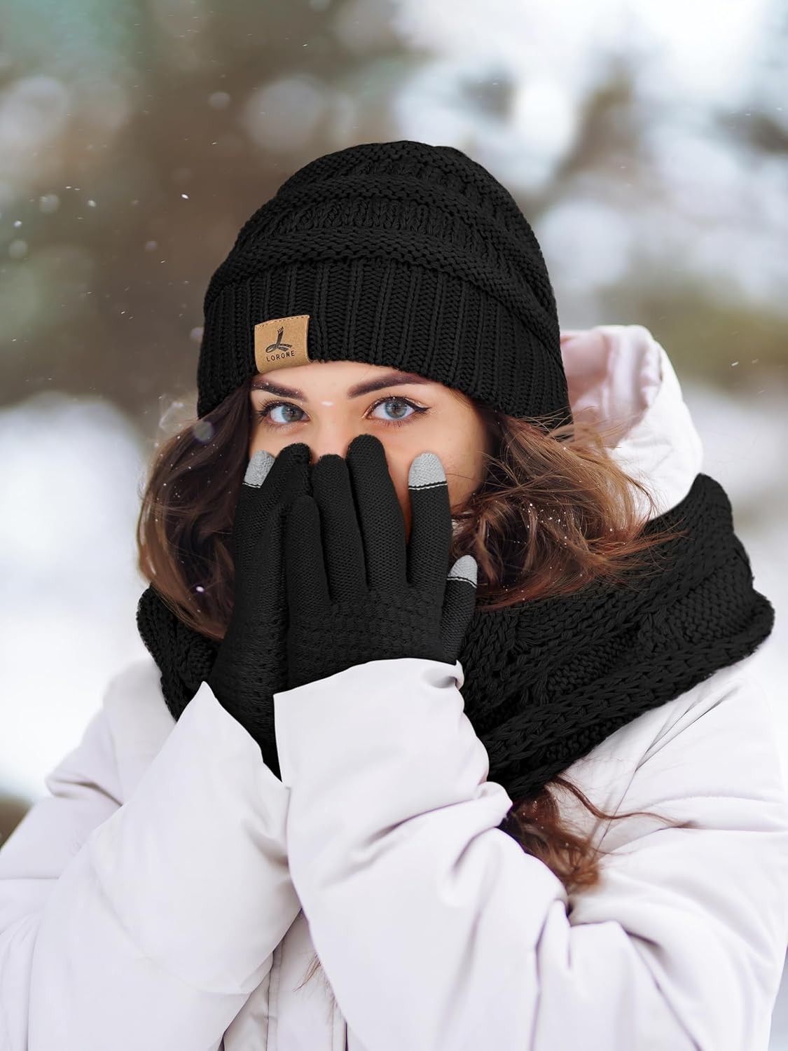 Winter Beanie Hat Scarf Gloves, Warm Fleece Knit Hats Touch Screen Gloves Neck S
