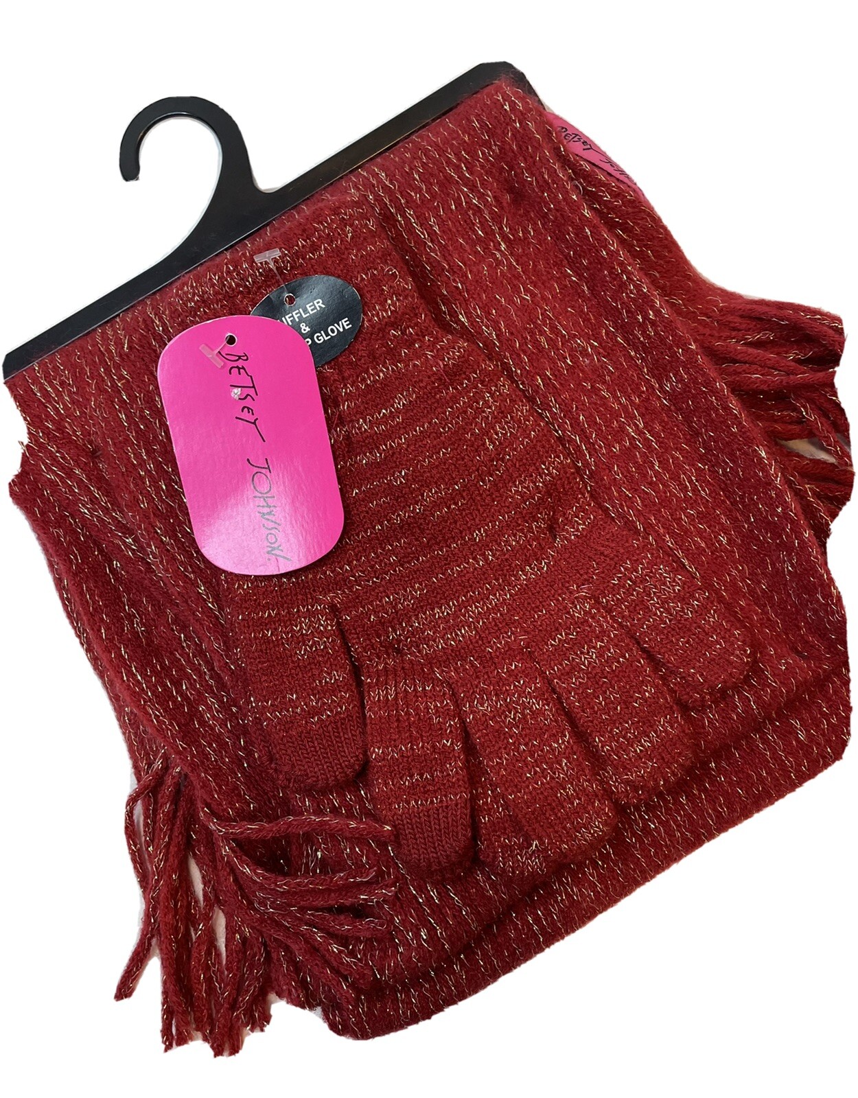 Betsy Johnson Scarf Knit Easy Tap Gloves Gift Set Red With Gold Sparkle New Tags
