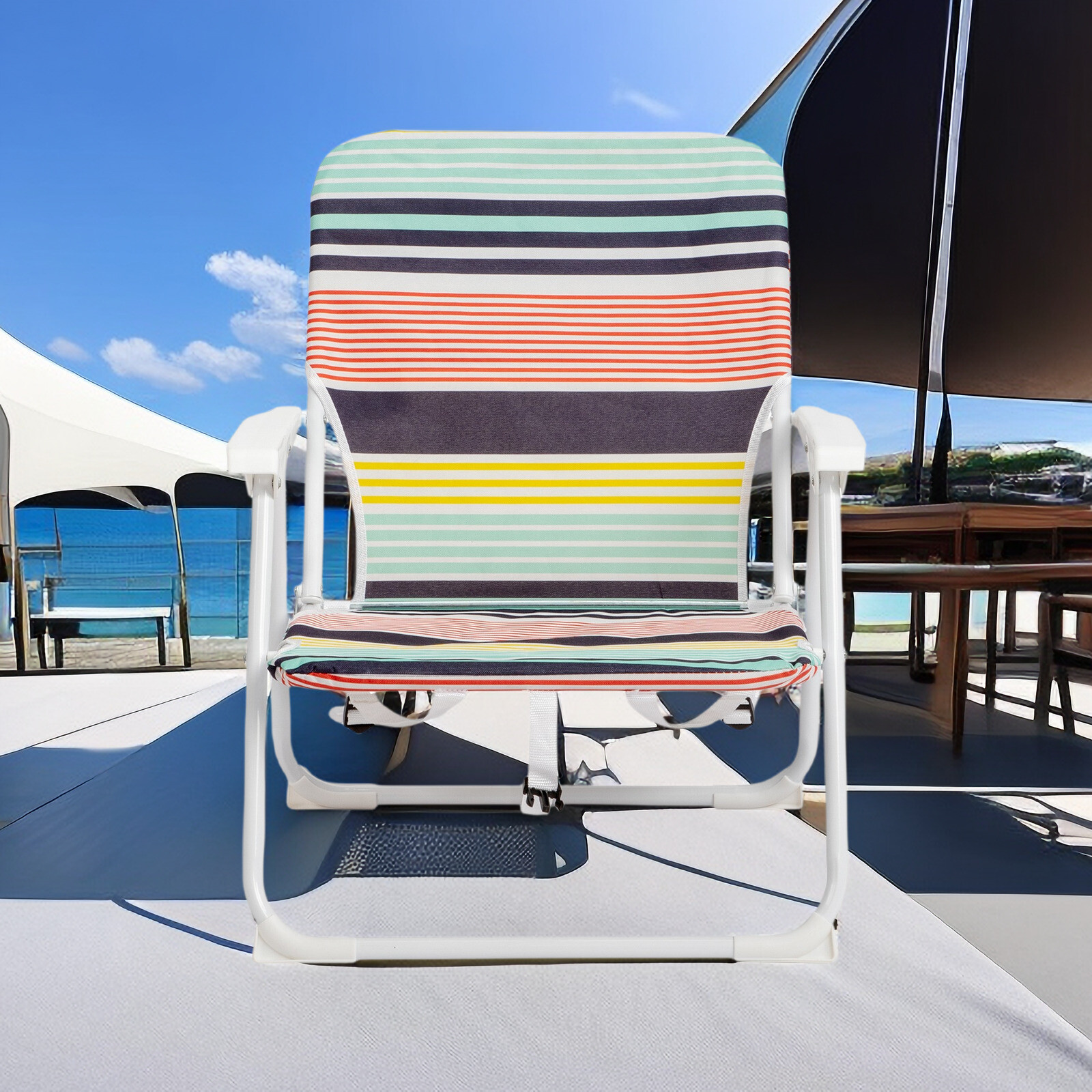 Folding Beach Chair - Fabric, White Metal Frame, Lightweight & Multicolor
