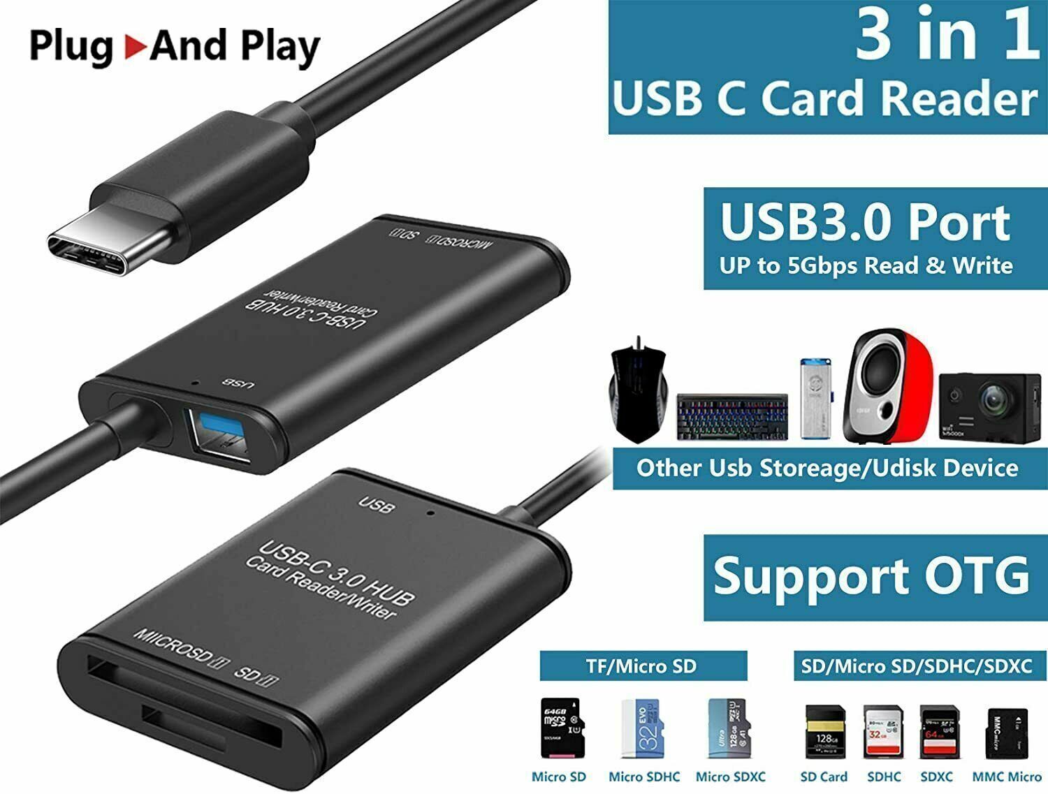 3 in 1 Type C USB OTG Adapter SD/TF Card Reader For Samsung Android Phone