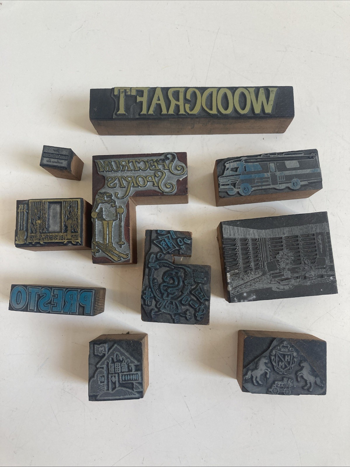 10 Vintage Wood Block Metal Stamps - Advertisement  Crest
