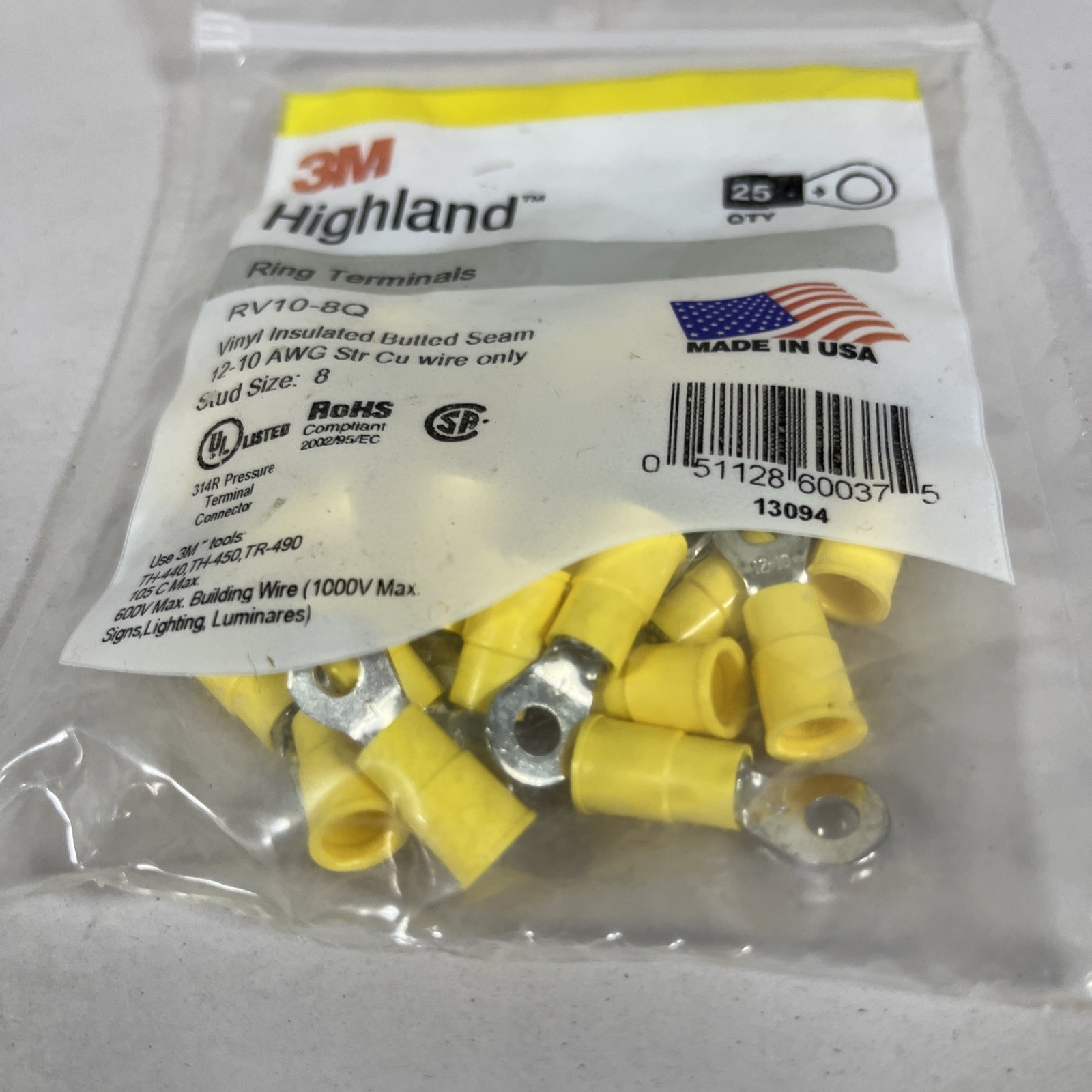 3M Highland Vinyl Insulated Ring Terminal RV10-8Q, AWG 12-10 Standard-Style Ring