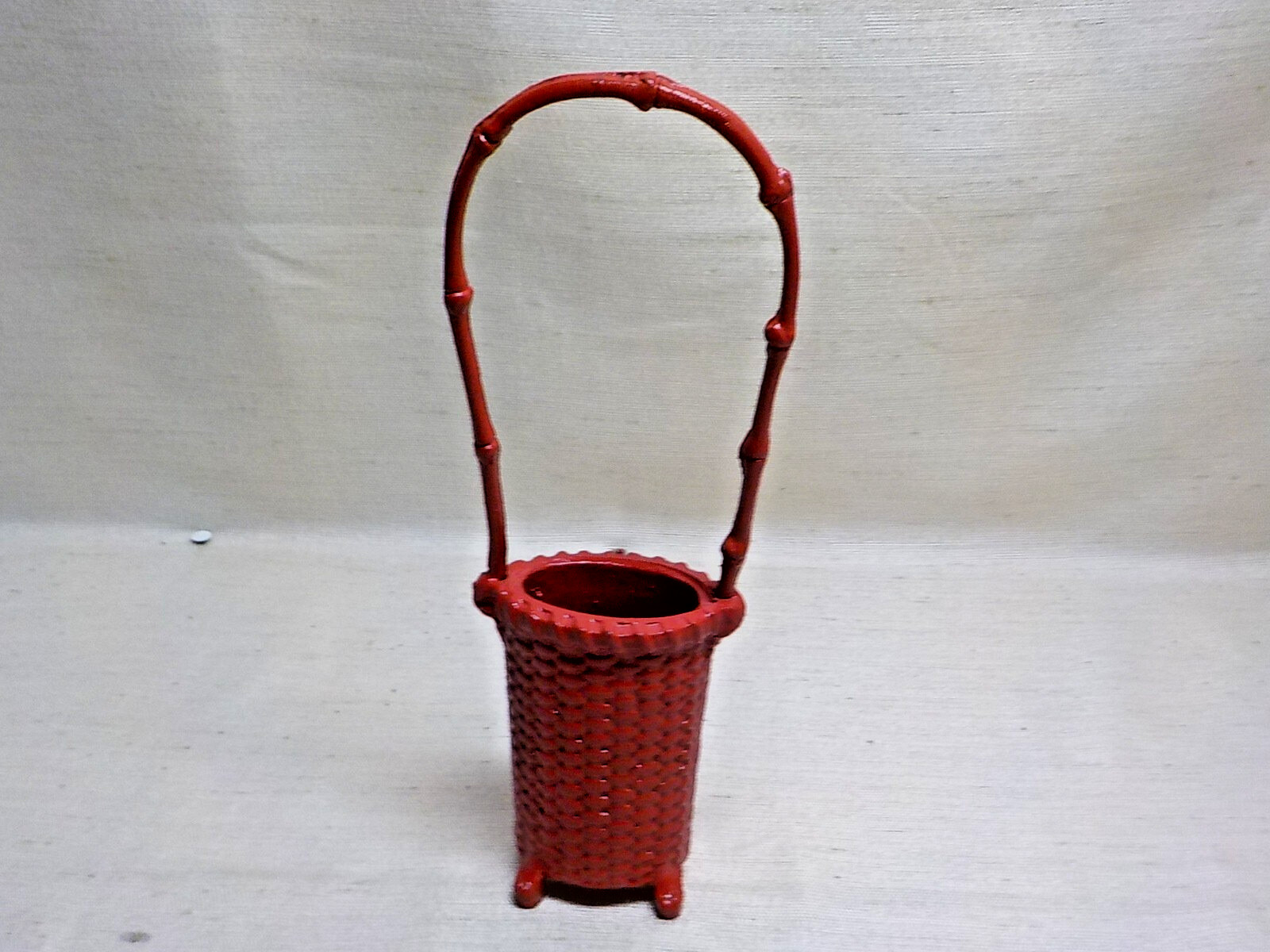 Vintage Cast Iron Heavy Dept 56 Red Footed Bamboo Style Handle Basket