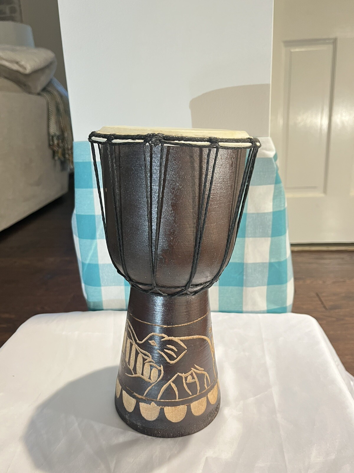 African Drum 12” Carved Elephant Handcrafted