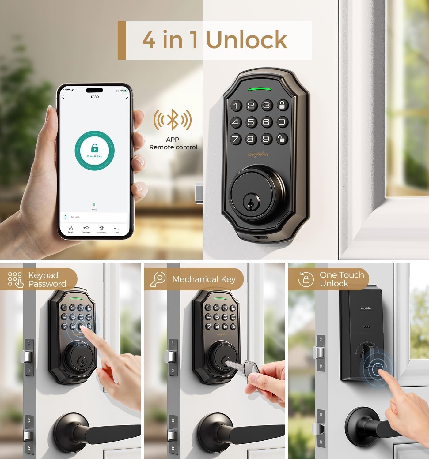 Arpha D180H Keypad Door Lock Handle Smart Bluetooth App Remote Black Matte