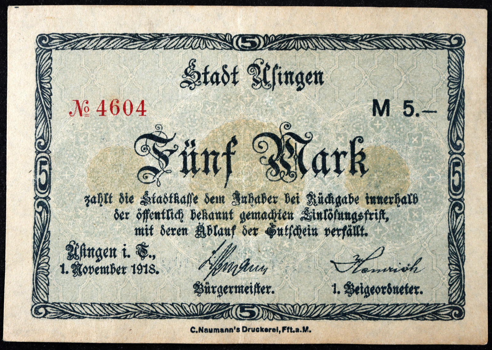 USINGEN 1918 5 Mark Grossnotgeld German Notgeld Banknote