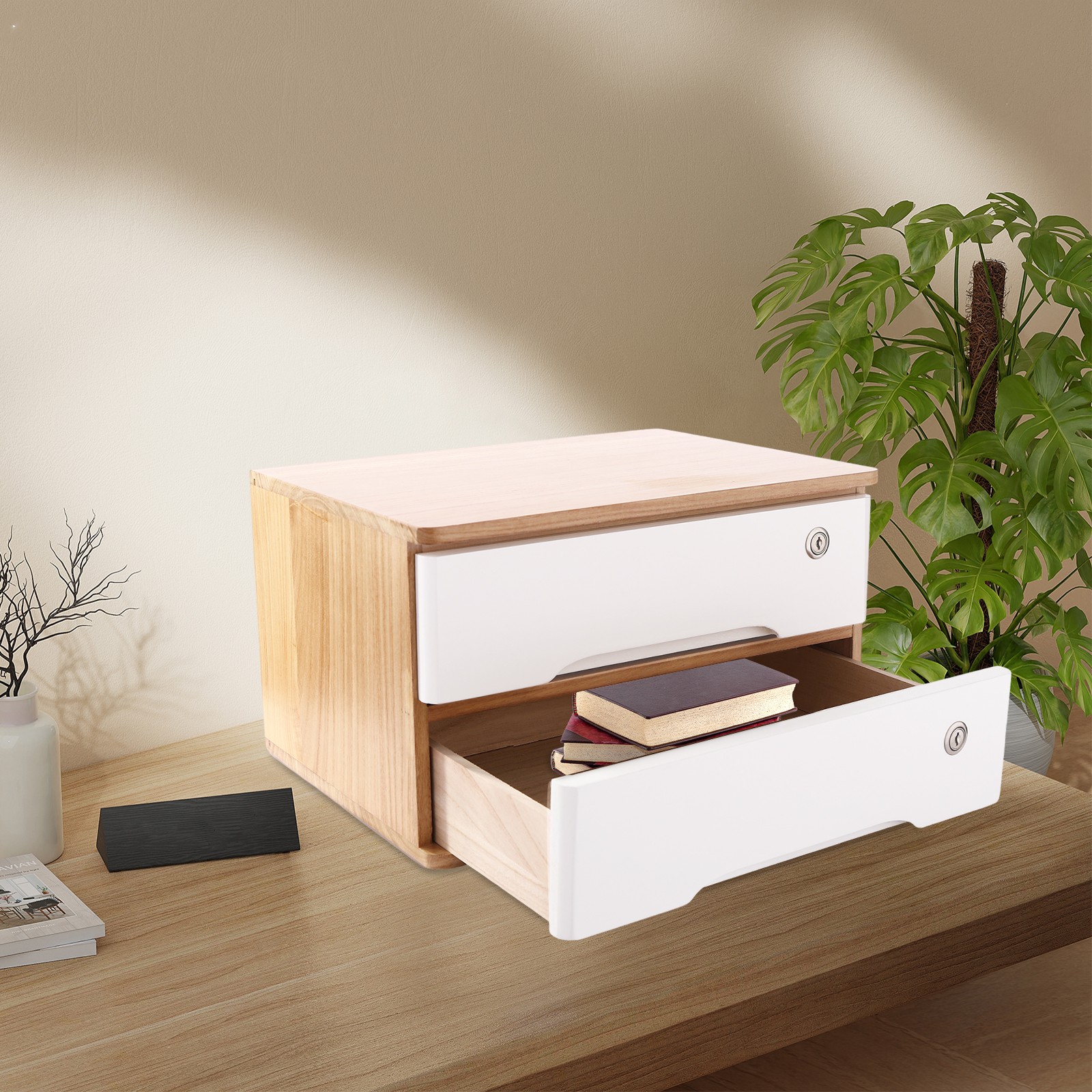 2 Tier Desktop Organizer with 2 Lockable Drawers Wooden Desk Storage Box