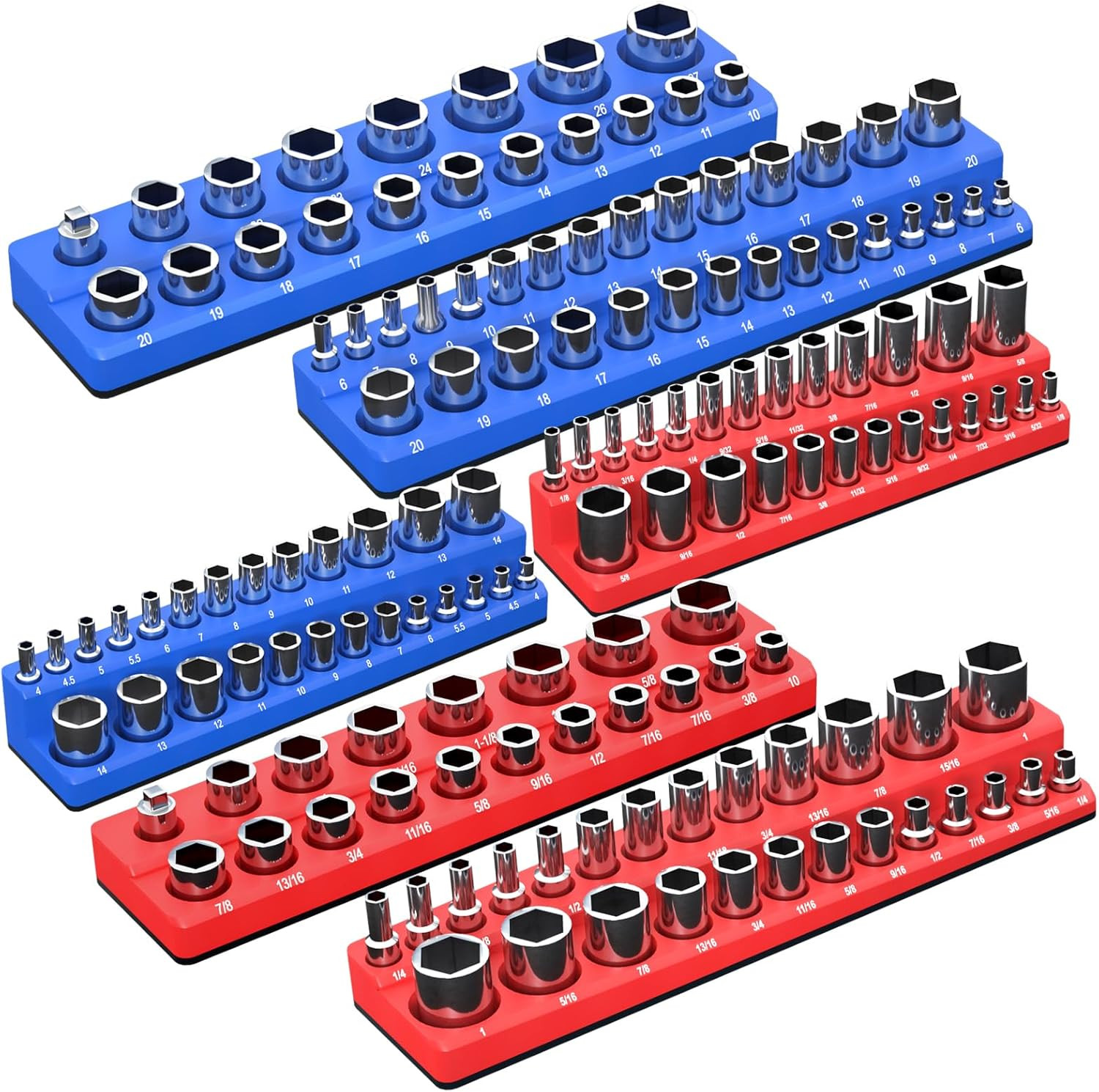 Magnetic Socket Organizer Set, 6-Piece Socket Holder Trays for 1/4" 3/8" 1/2" D