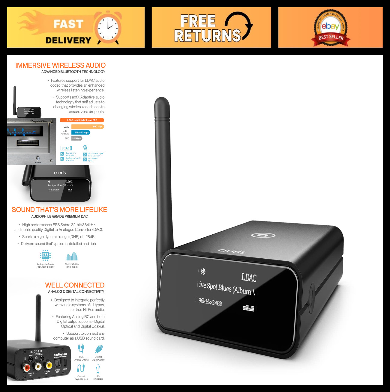 HiFi Bluetooth 5.3 Music Receiver - Long Range Adapter with DAC, LDAC, aptX HD,