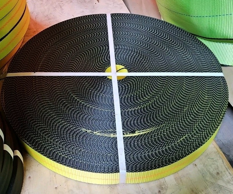 270' Roll of 2" Yellow w/ Orange Center Stitch & Black Edging Tie Down Webbing