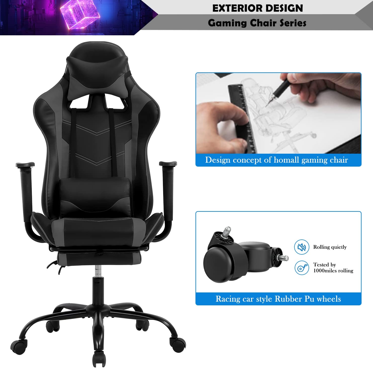 PC Gaming Chair Computer PU Leather Recliner with Lumbar Grey, Grey