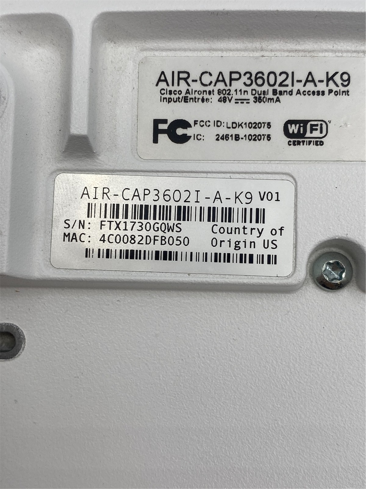 Cisco Aironet 3602i Wireless Access Point w/mounting bracket AIR-CAP3602I-A-K9