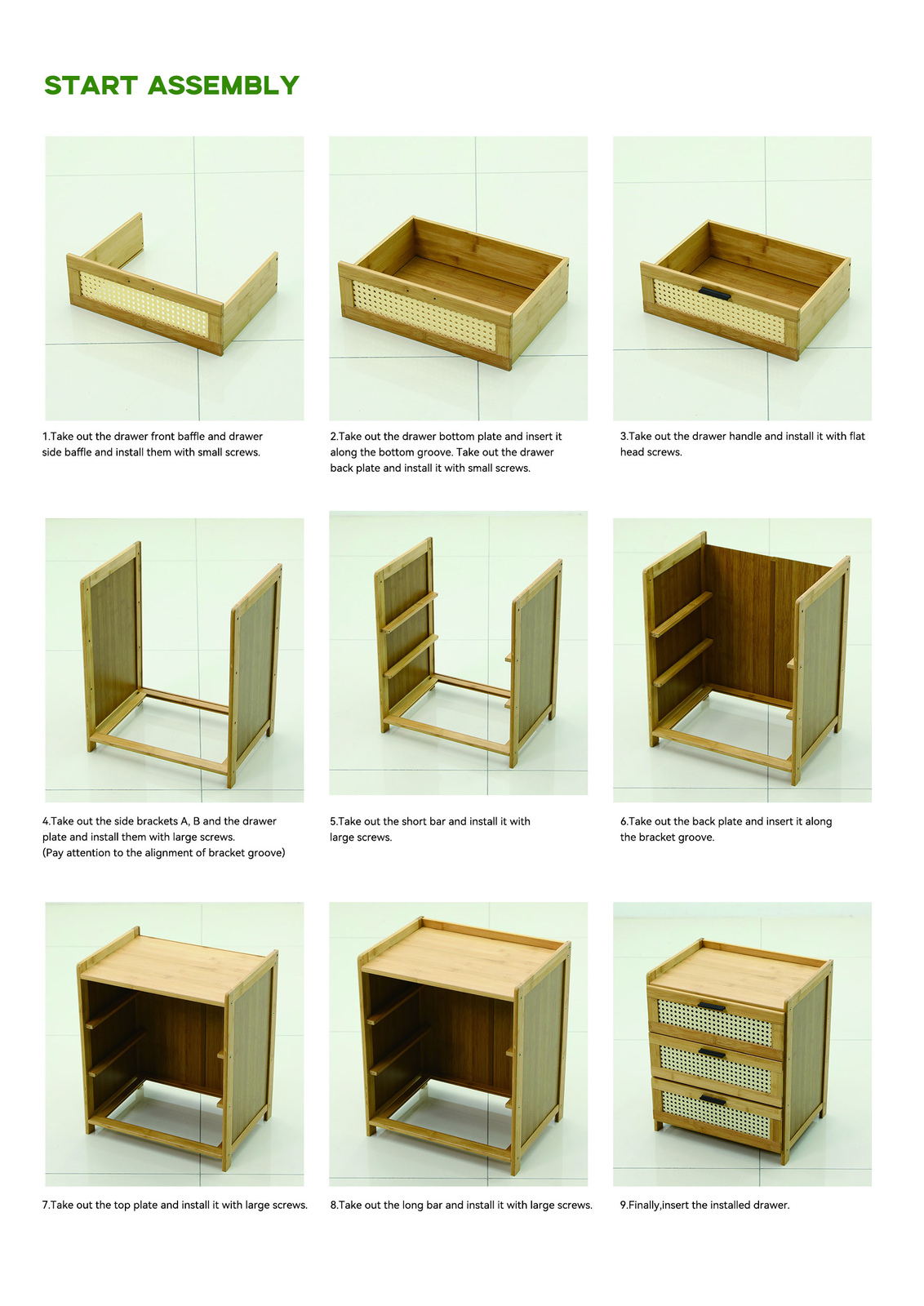 Bamboo Wood Bedside Table End Table 3 Sliding Drawers Nightstand Storage Cabinet
