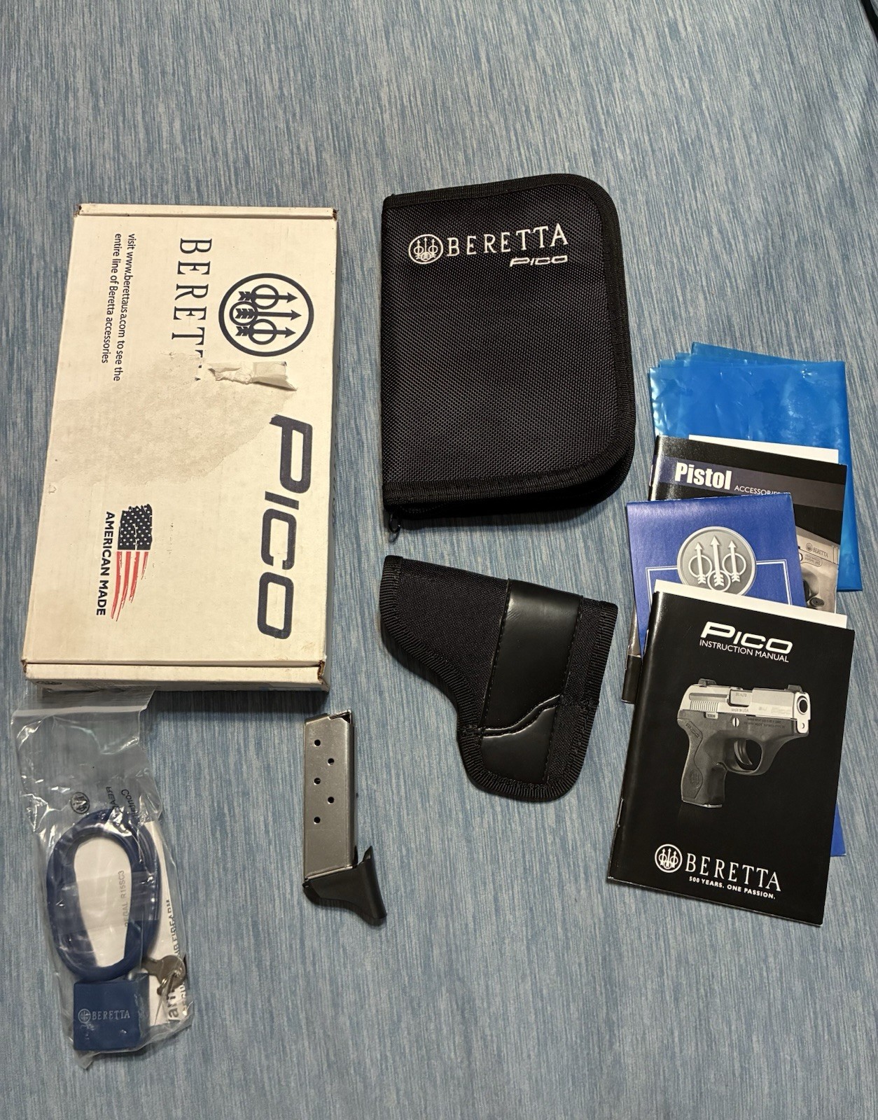 Beretta Pico 380 Magazine, Soft Case, Holster, Manual, Lock, & Box