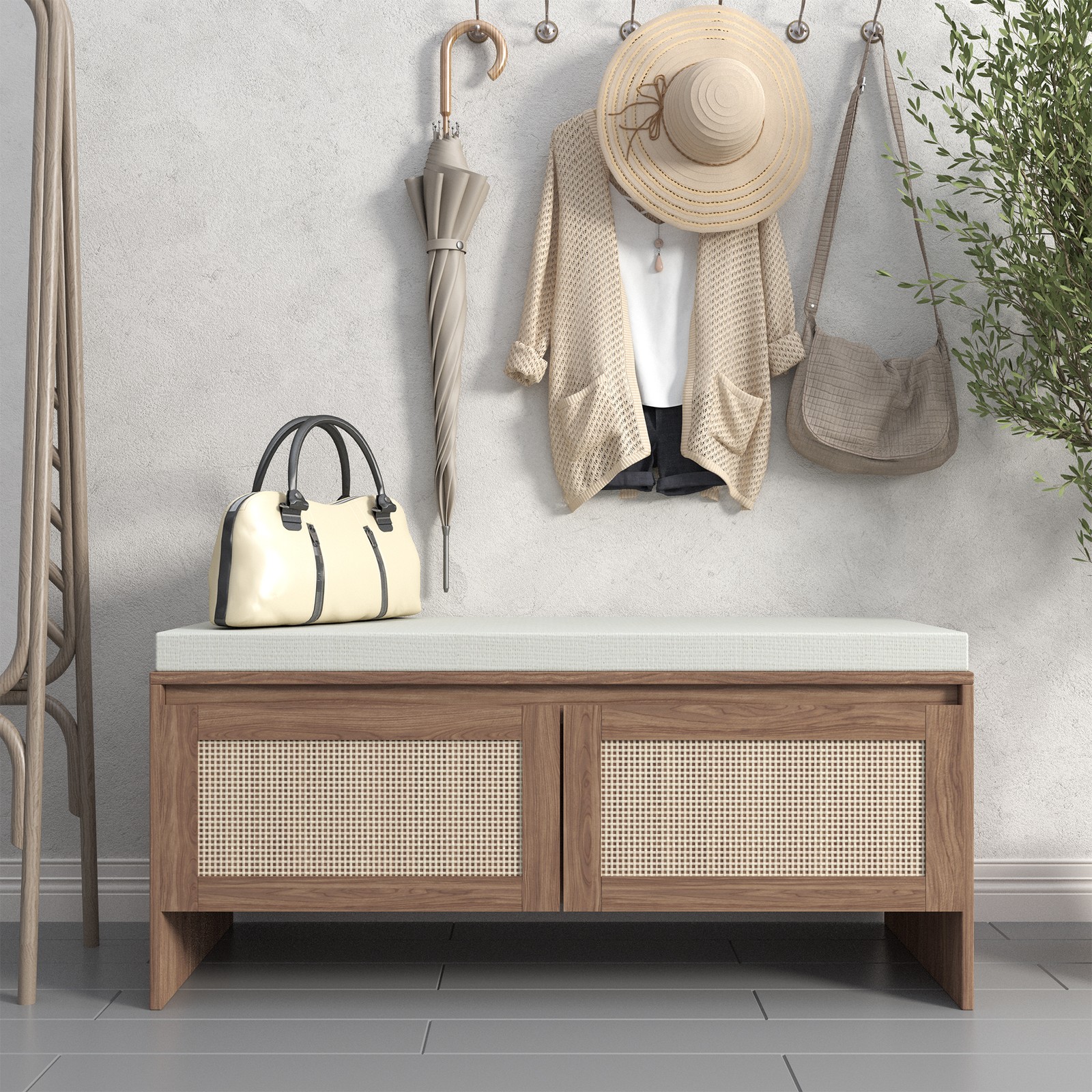 Rattan Storage Bench with Cushion 2 Doors Shoe Cabinet Modern Wood Entryway Seat