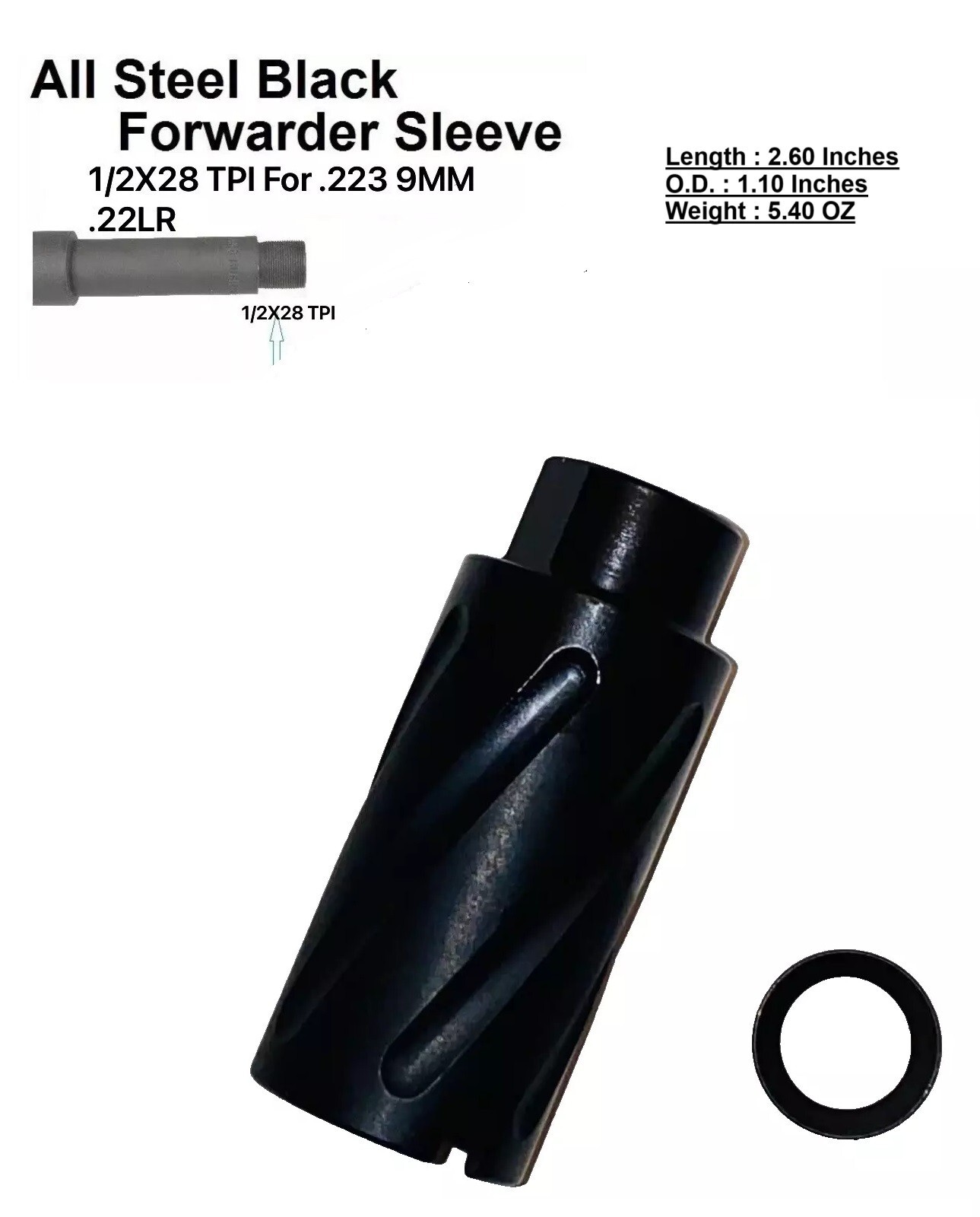All Steel Forwarder Tube Muzzle Brake 1/2X28 TPI For .22LR .223 9MM Made In USA