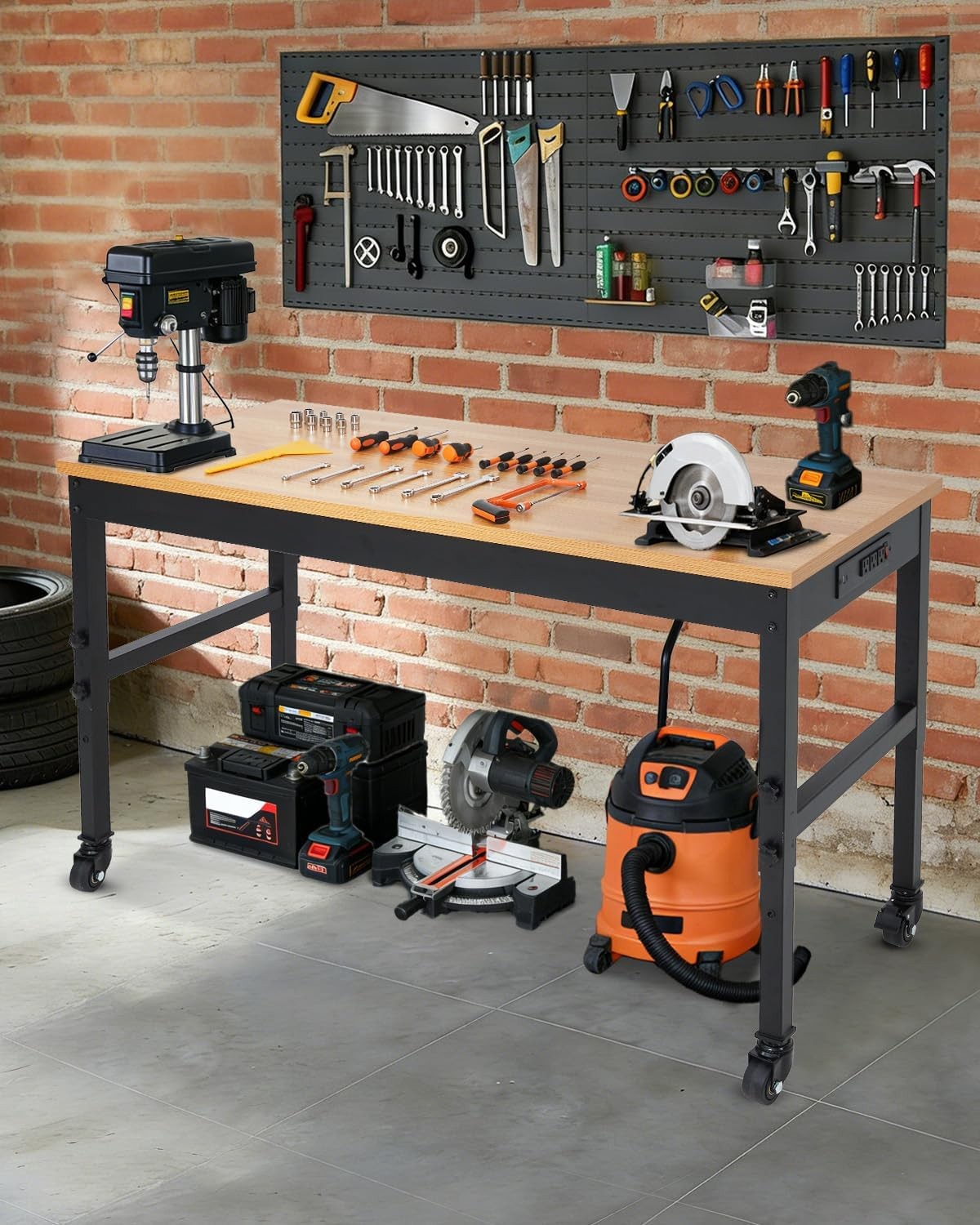 60in Adjustable Garage Workbench w/ Power Outlet Rolling Tool Bench 2500LB